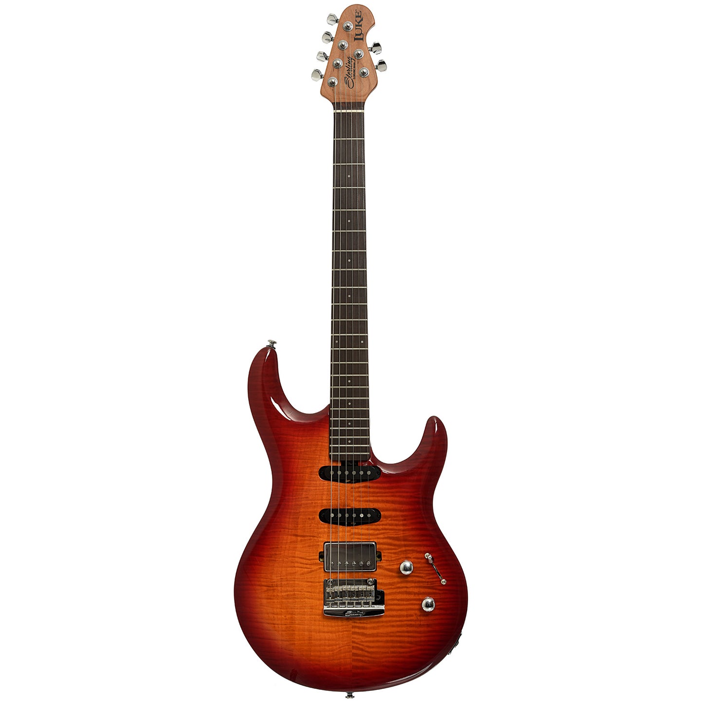 Full front of Sterling by Music Man Luke HSS Electric Guitar, Heritage Cherry Burst