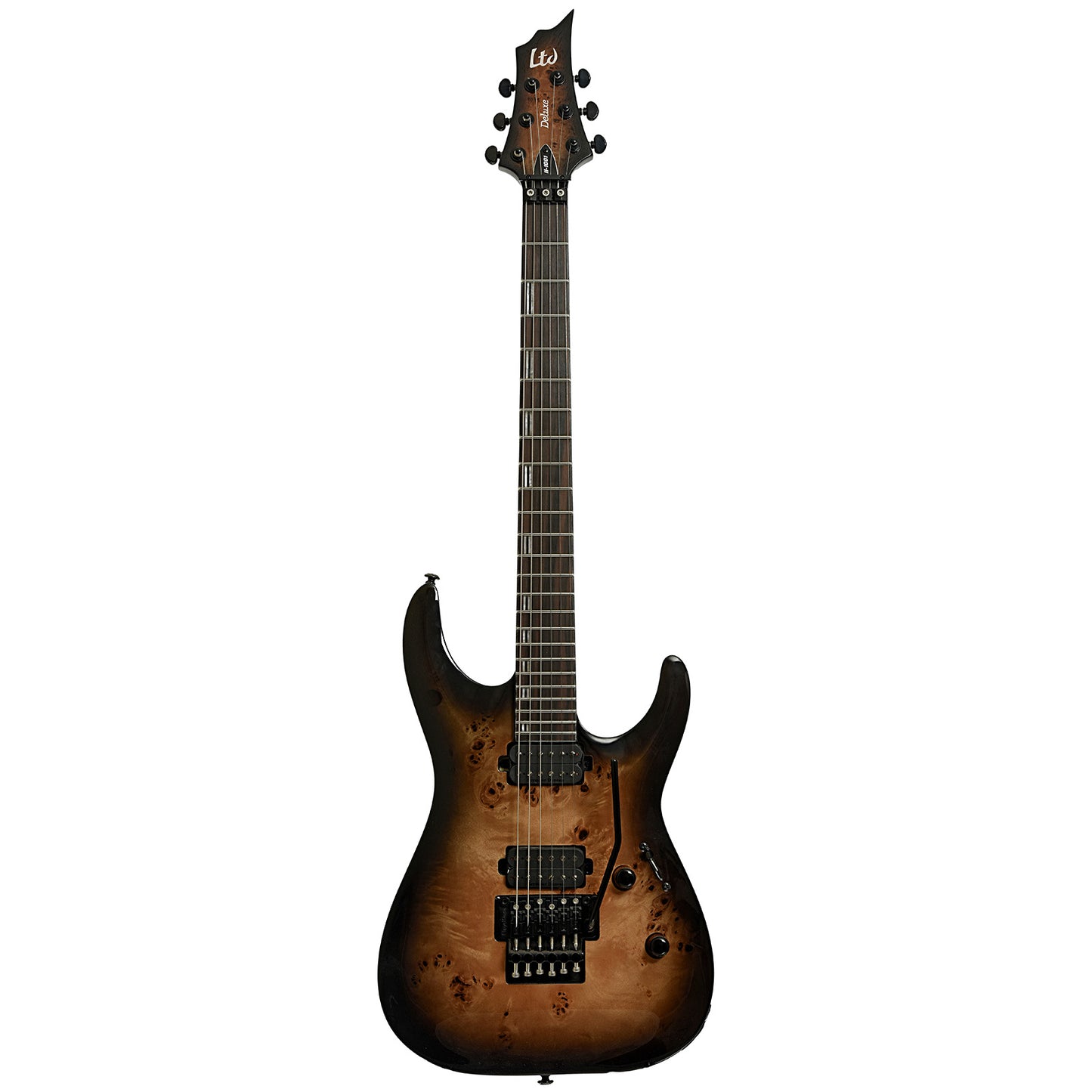 Full front of ESP LTD H-1001FR Electric Guitar, Black Natural Burst