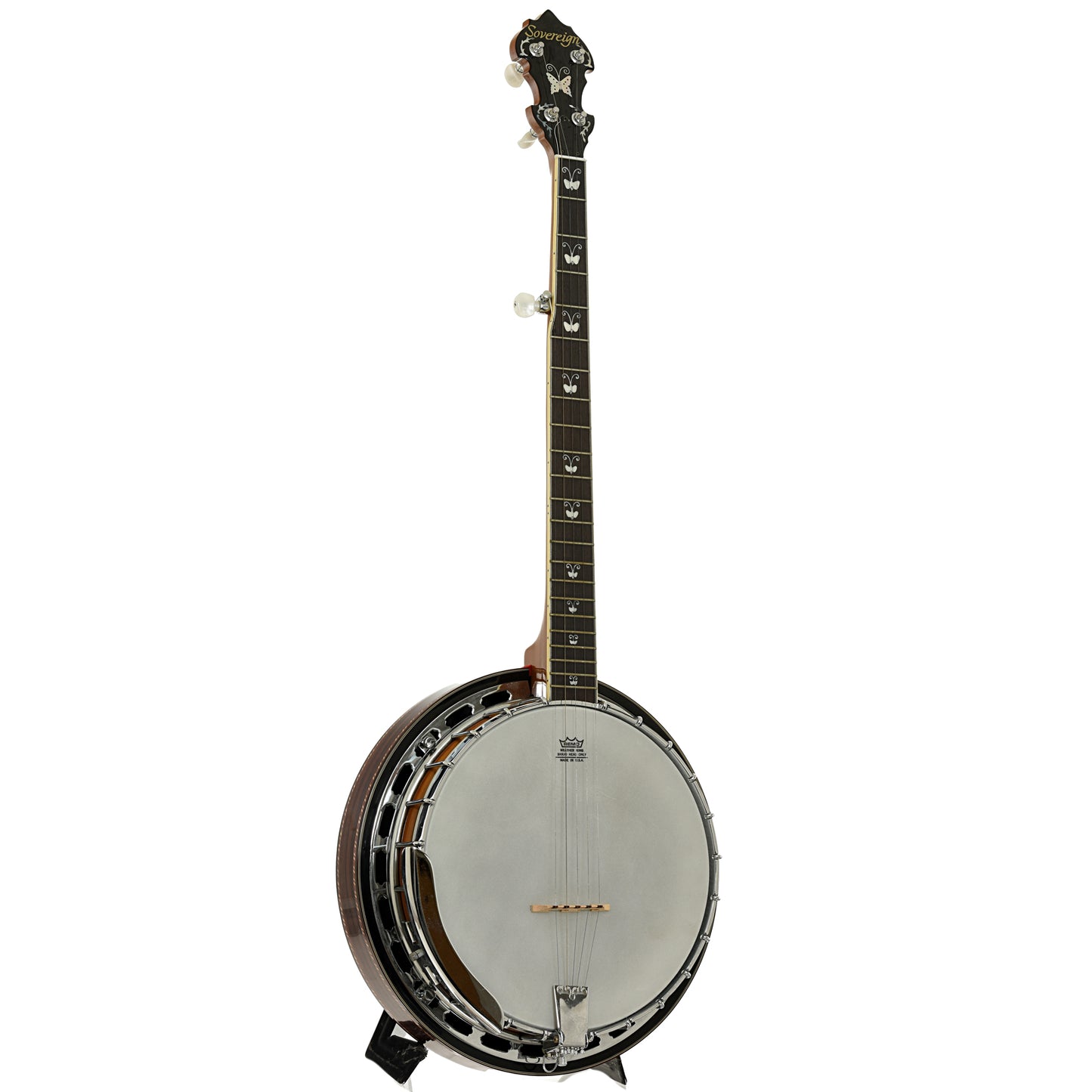 Full front and side of Sovereign Butterfly H495C Resonator Banjo 