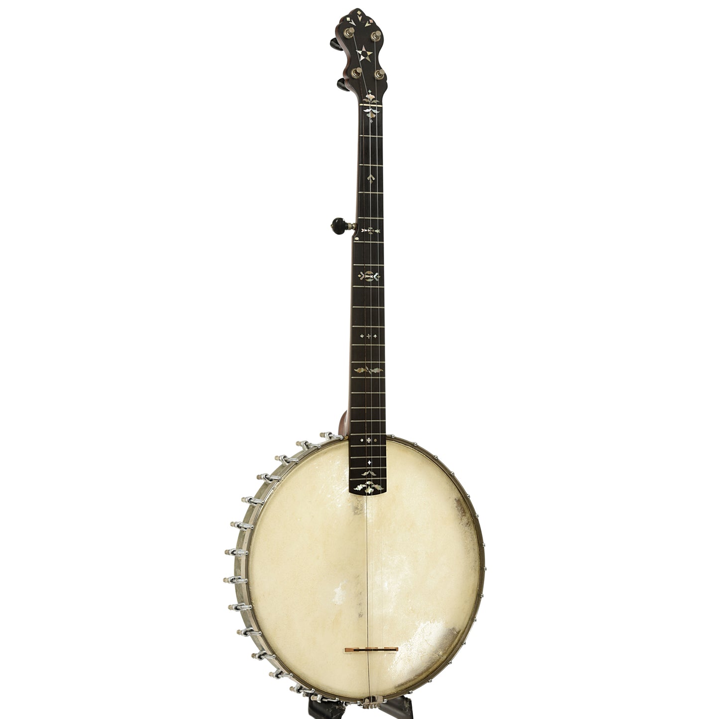 Full front and side of L.B. Gatcomb The Monarch Open Back Banjo