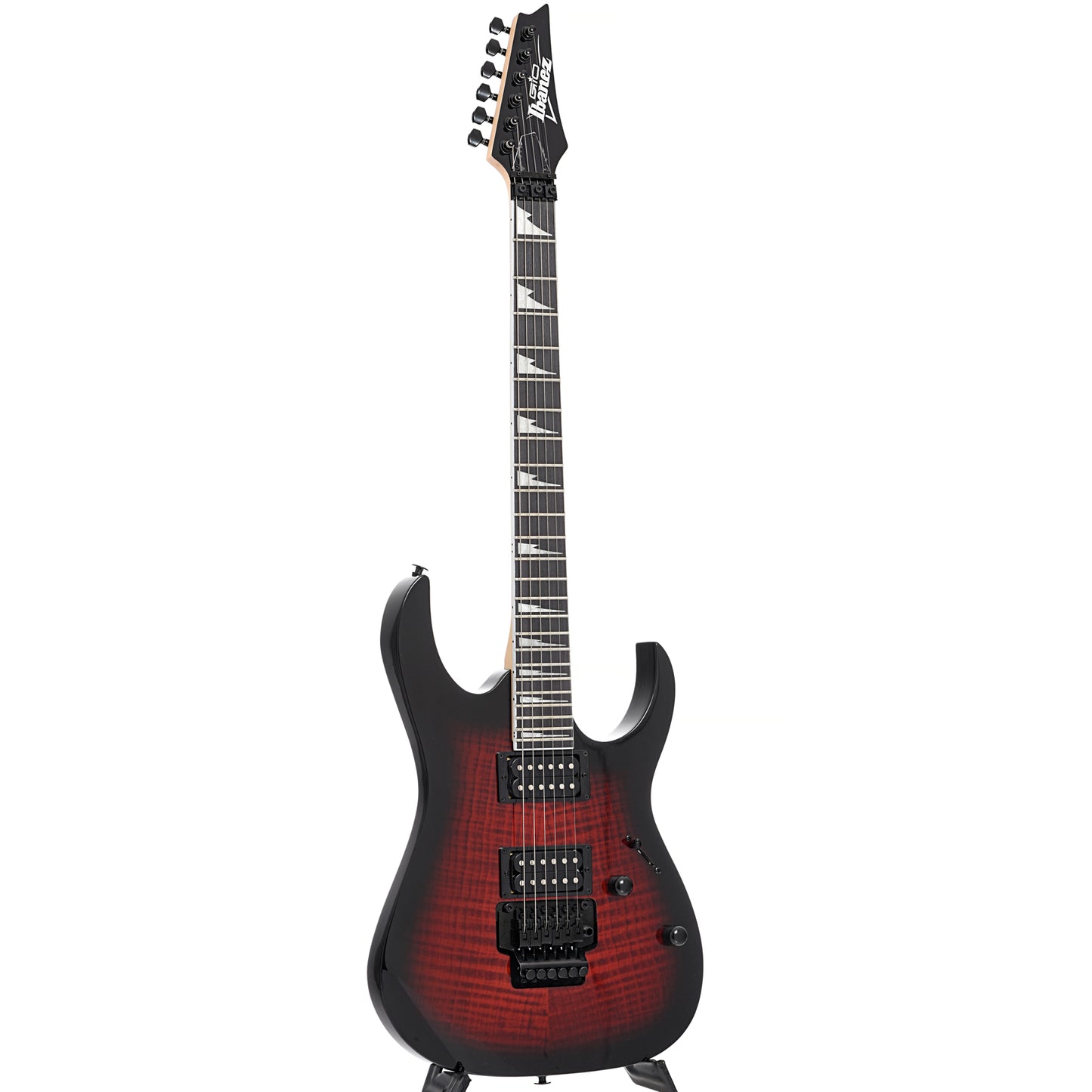 Full front and side of Ibanez Gio GRG320FA Electric Guitar, Transparent Red Burst