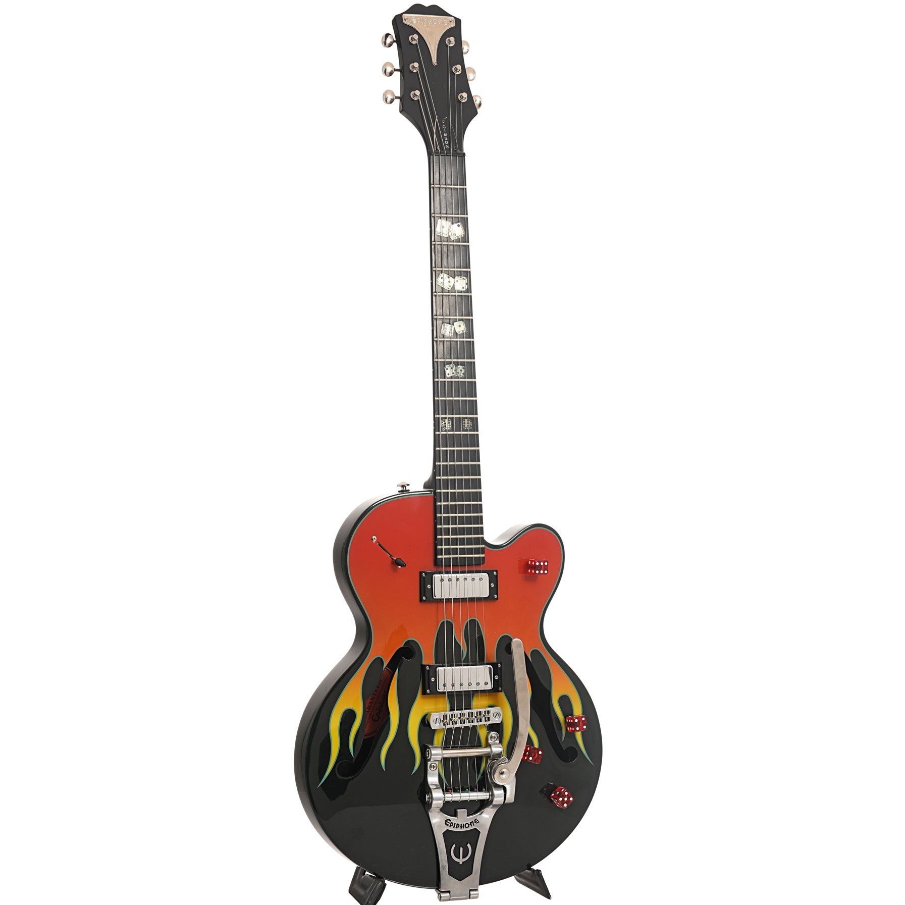 Full front and side of Epiphone Flamekat