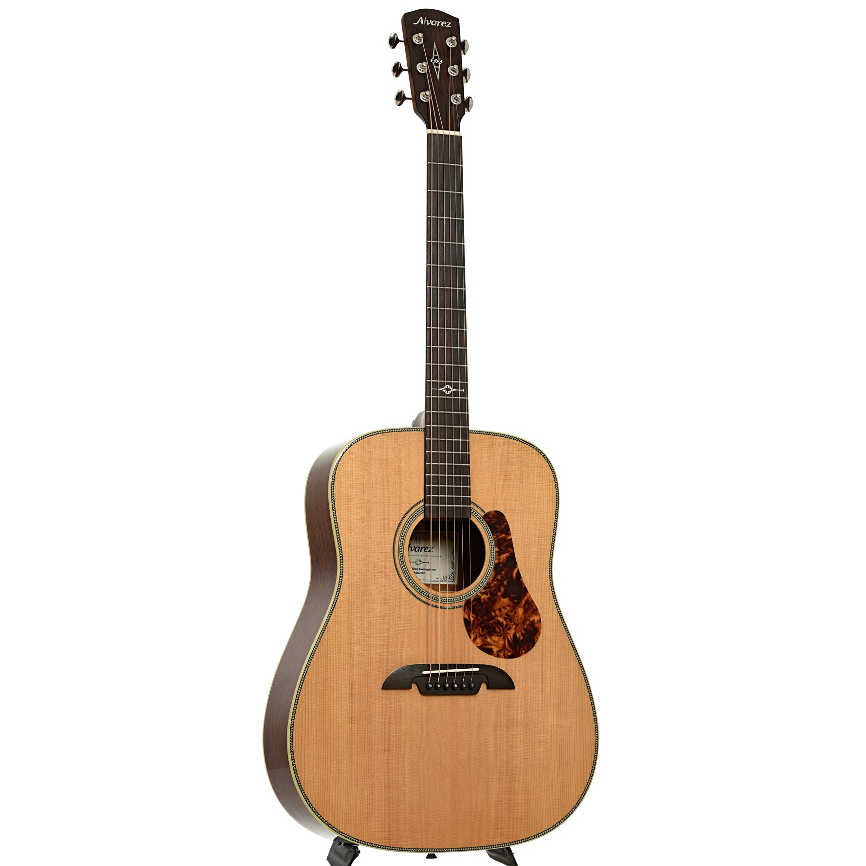 Full front and side of Alvarez Masterworks Series MD60 Herringbone Dreadnought Acoustic Guitar