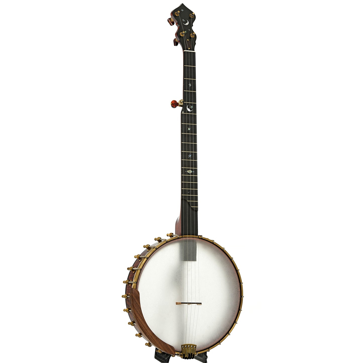 Full front and side of Ome Jubilee 12" Openback Banjo, Maple Neck