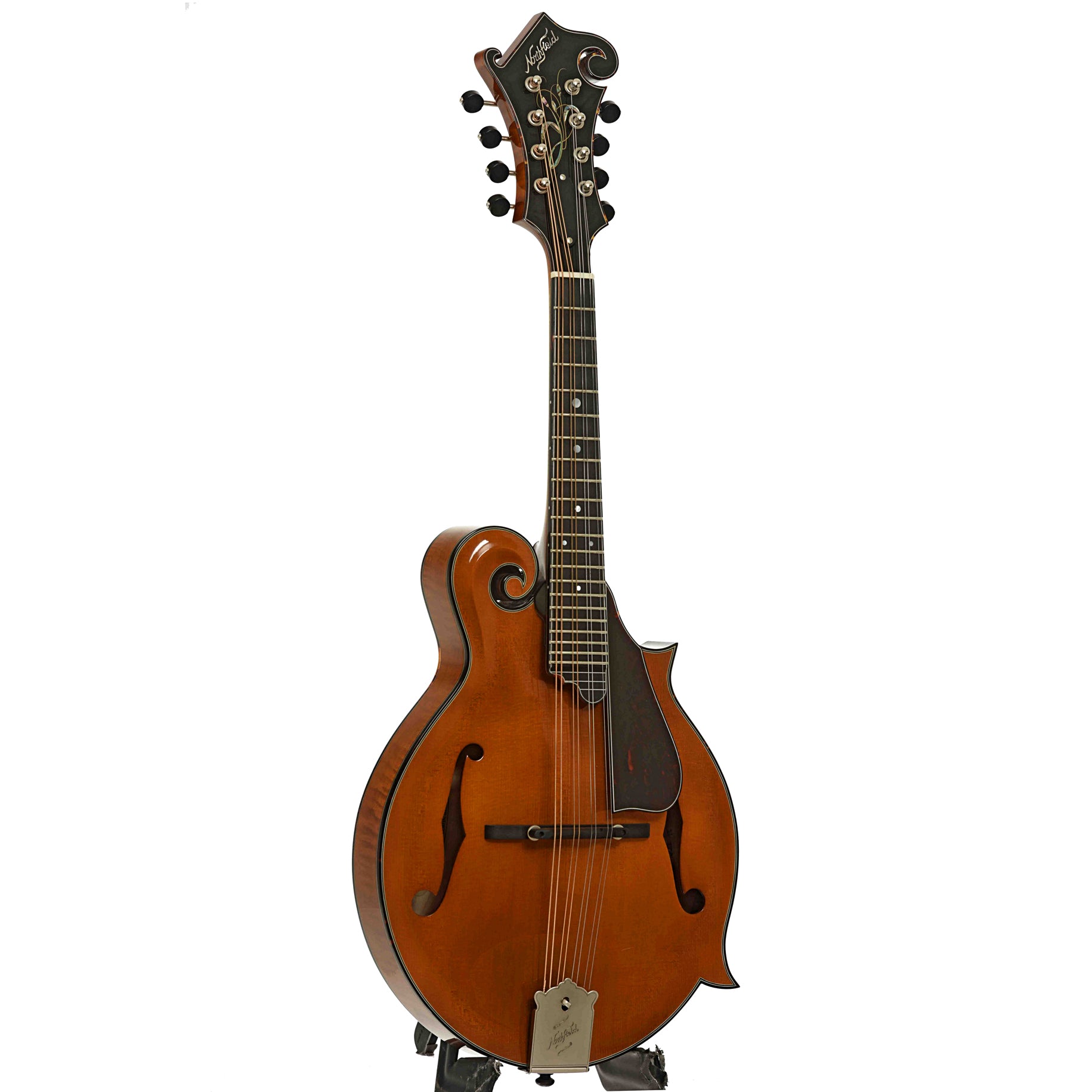 Full front and side of Northfield Workshop Artist Series F5 Mandolin, Variation 1 Italian Spruce, with Case