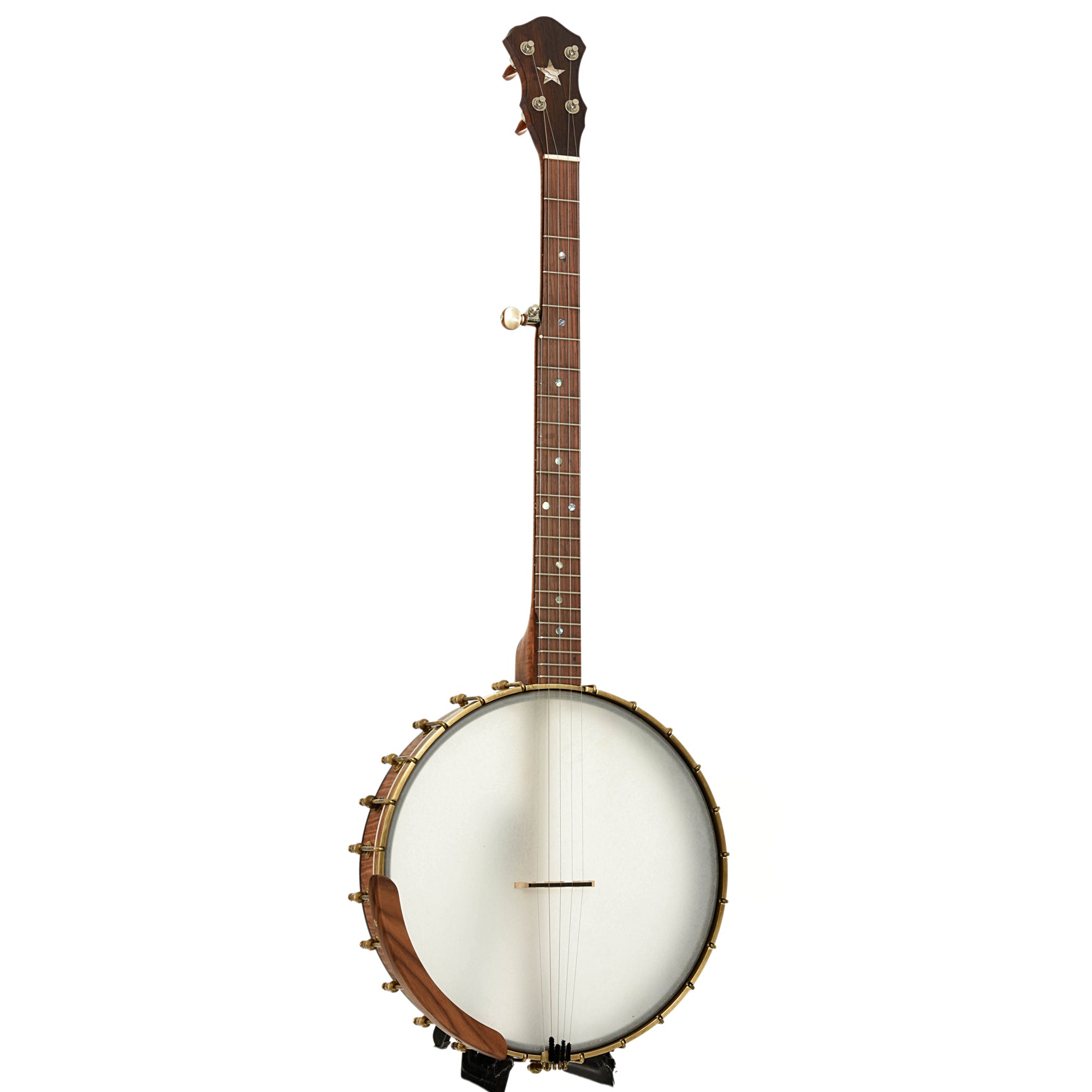 Full front and side of Starr Banjos 13" Curly Maple Openback Banjo