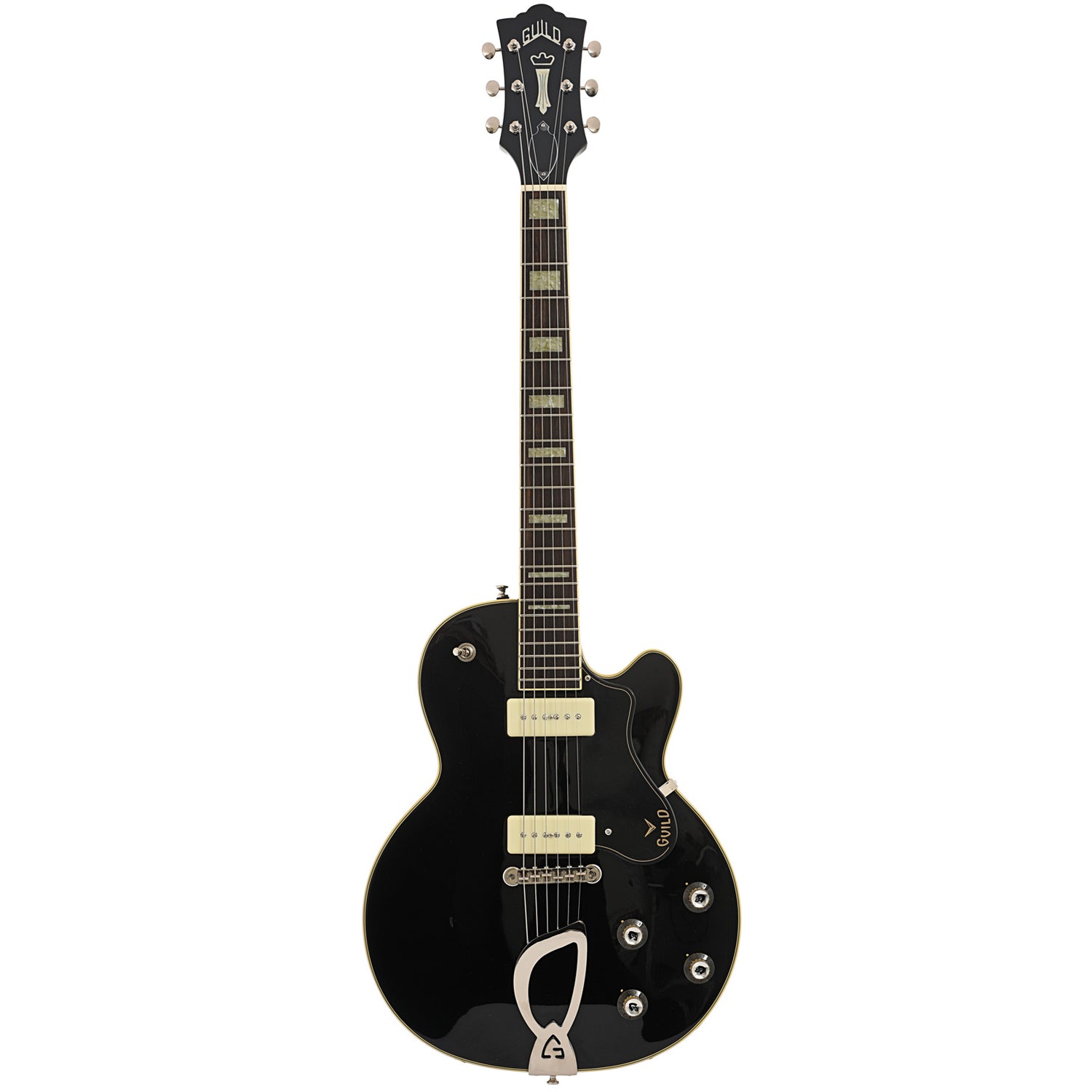 Full front of Guild Newark St. Collection M-75 Aristocrat Hollow Body Archtop Guitar, Limited Edition Black Finish