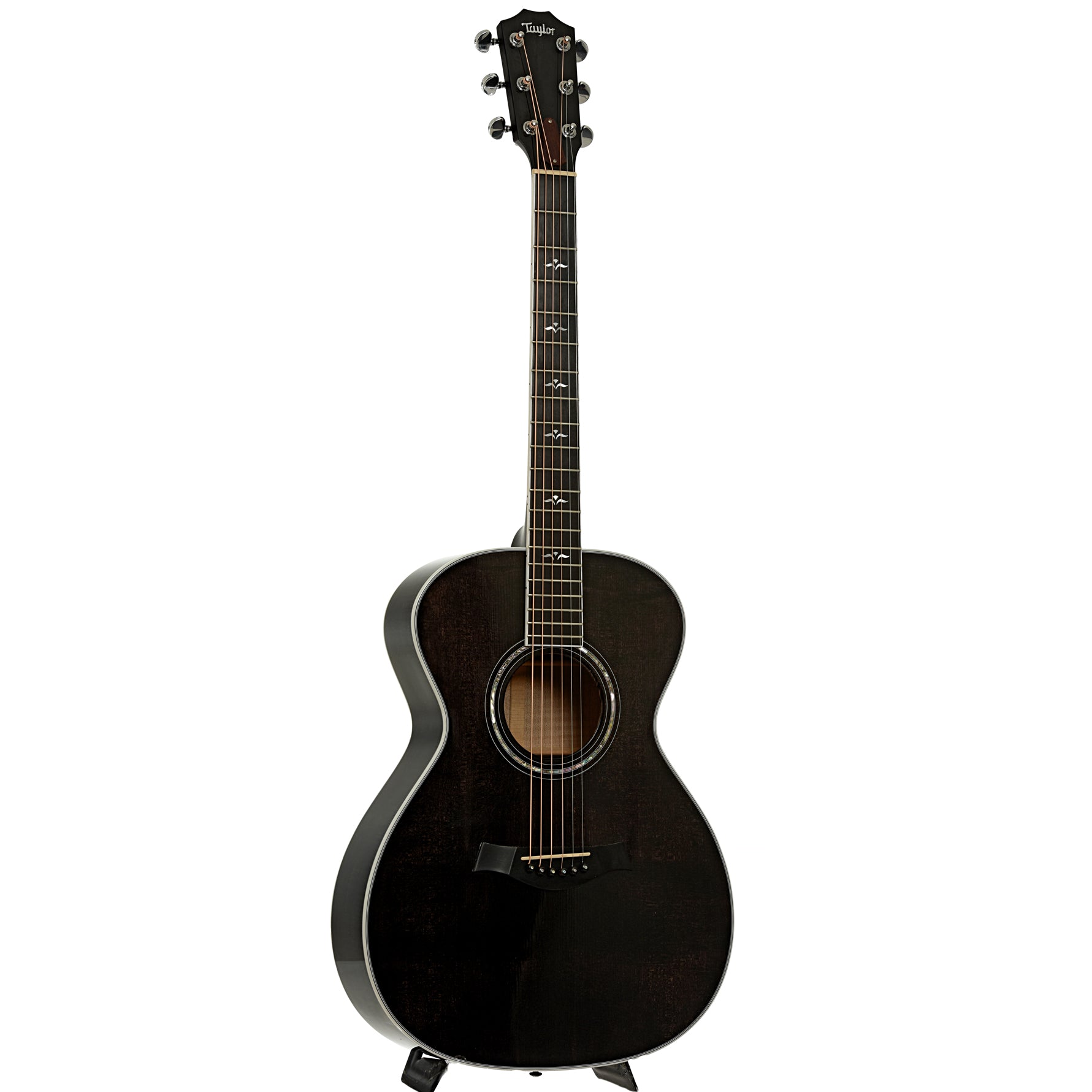 Full front and side of Taylor 612 Translucent Black Acoustic Guitar