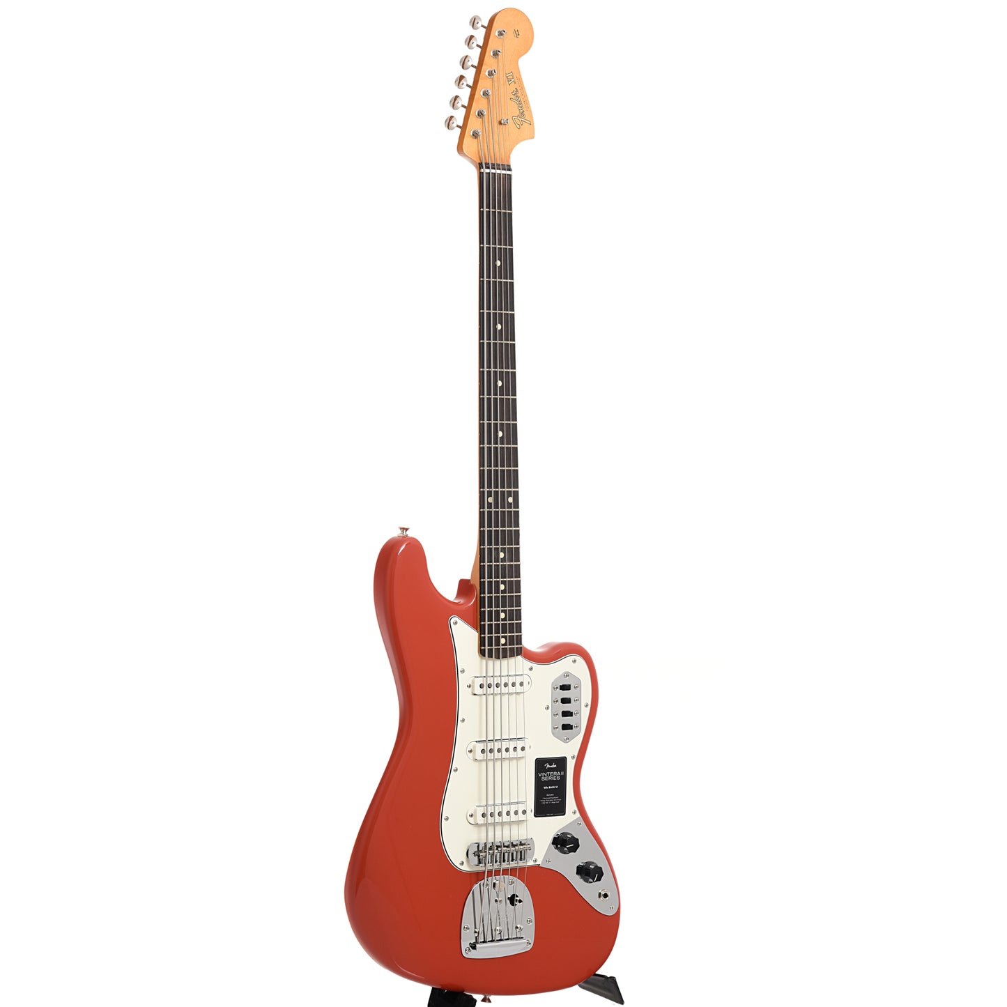 full front and side of Fender Vintera II '60s Bass VI, Fiesta Red