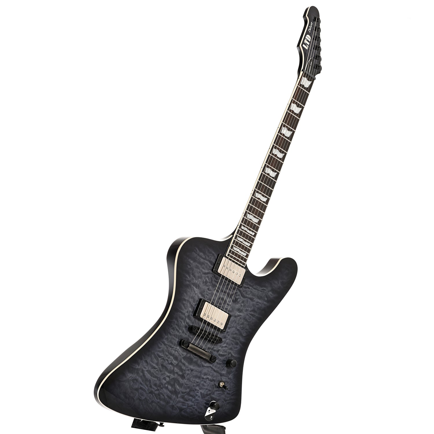 Full Front and side of ESP LTD Phoenix-1000 Electric Guitar, See Thru Black Sunburst