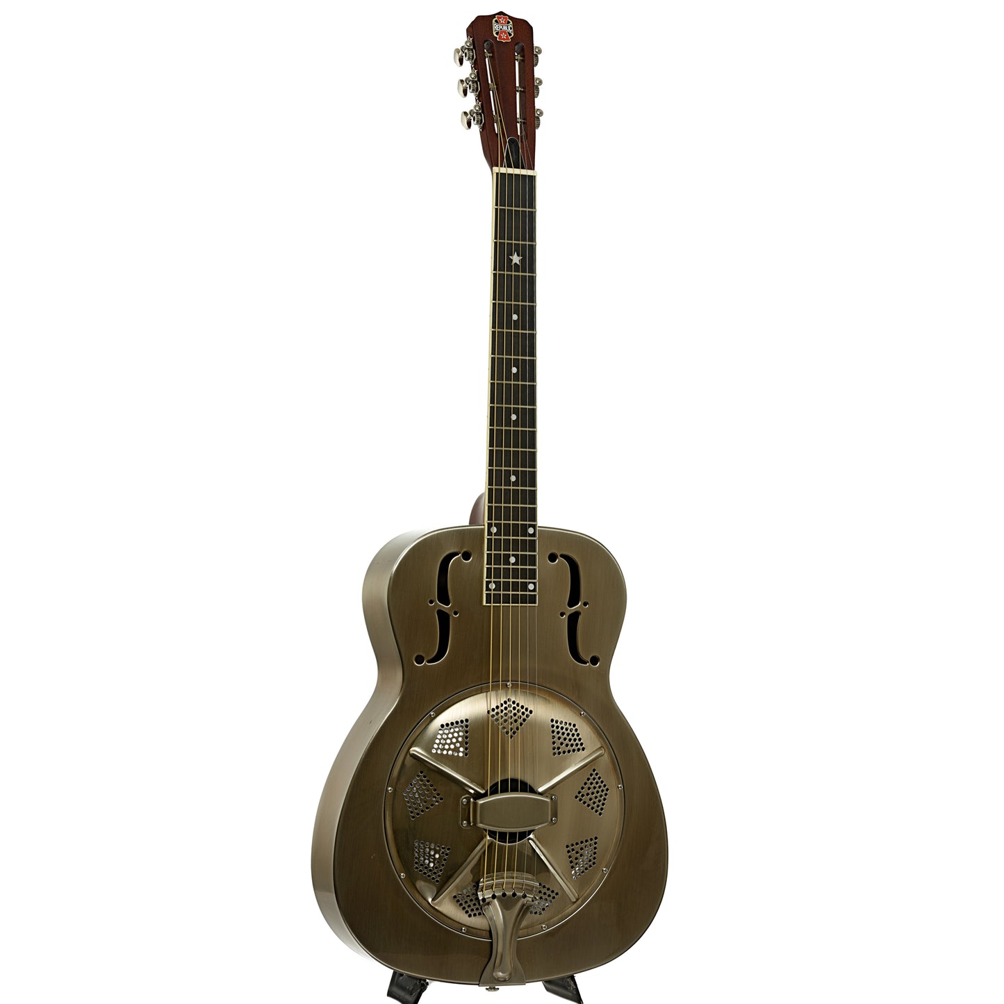 Full front and side of Republic Resolian Relic Nickel Roundneck Resonator Guitar