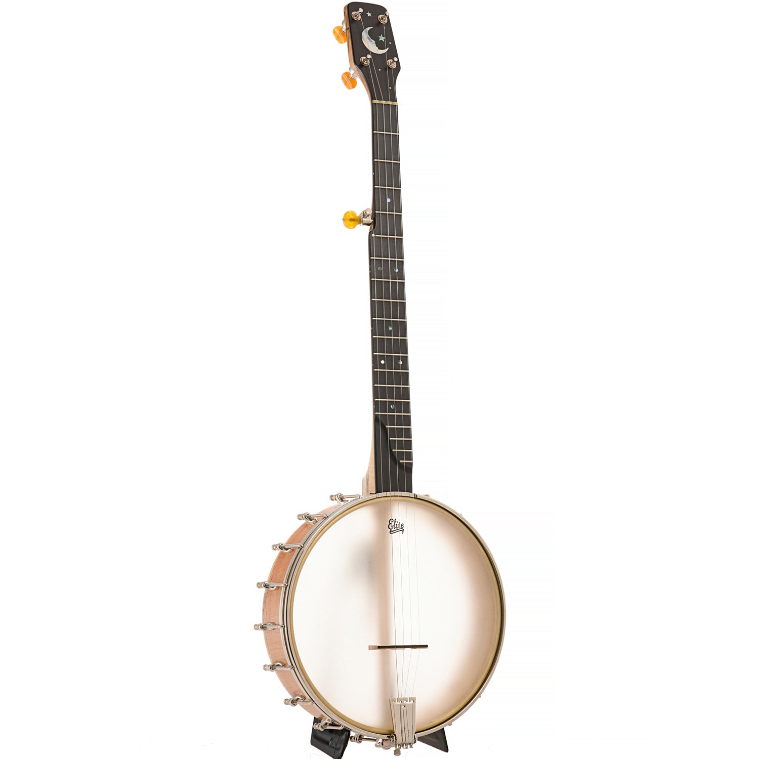 Full front and side of Chuck Lee Prairieville Openback Banjo, 11" Rim, Brass Hoop Tone Ring