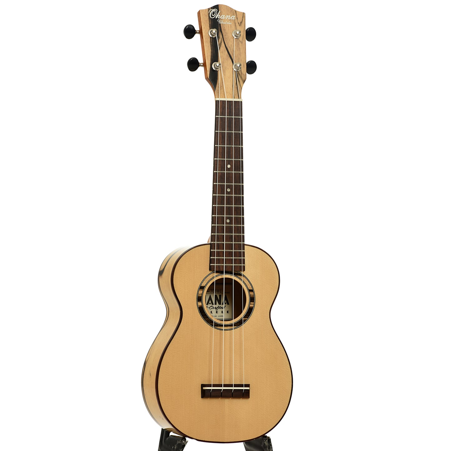 Full front and side of Ohana SK-70BWE Soprano Uke