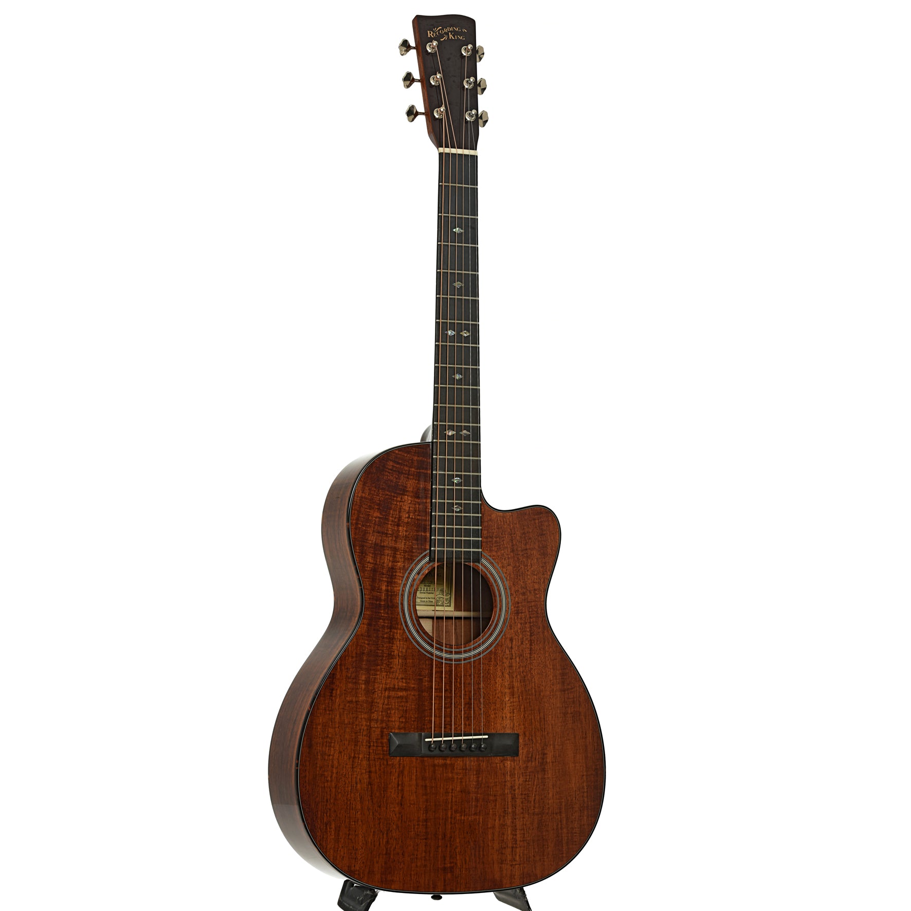 Full front and side of Recording King Koa 00 Cutaway Acoustic Guitar