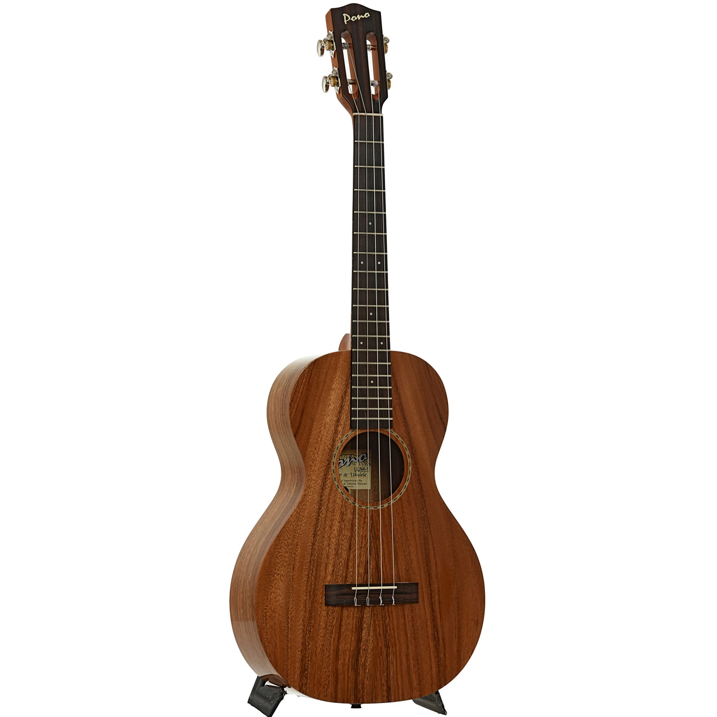 Full front and side of Pono ULN4-1 Big Baritone Ukulele
