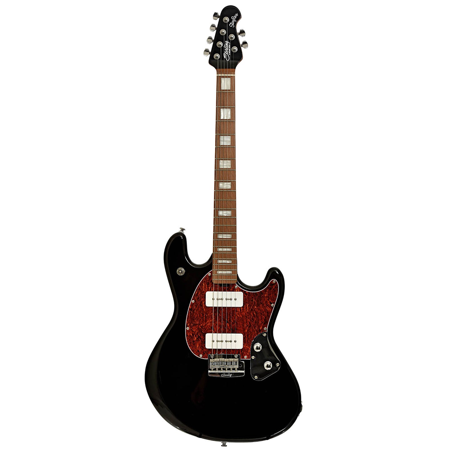 Full front of Sterling by Music Man StingRay Plus Electric Guitar, Black
