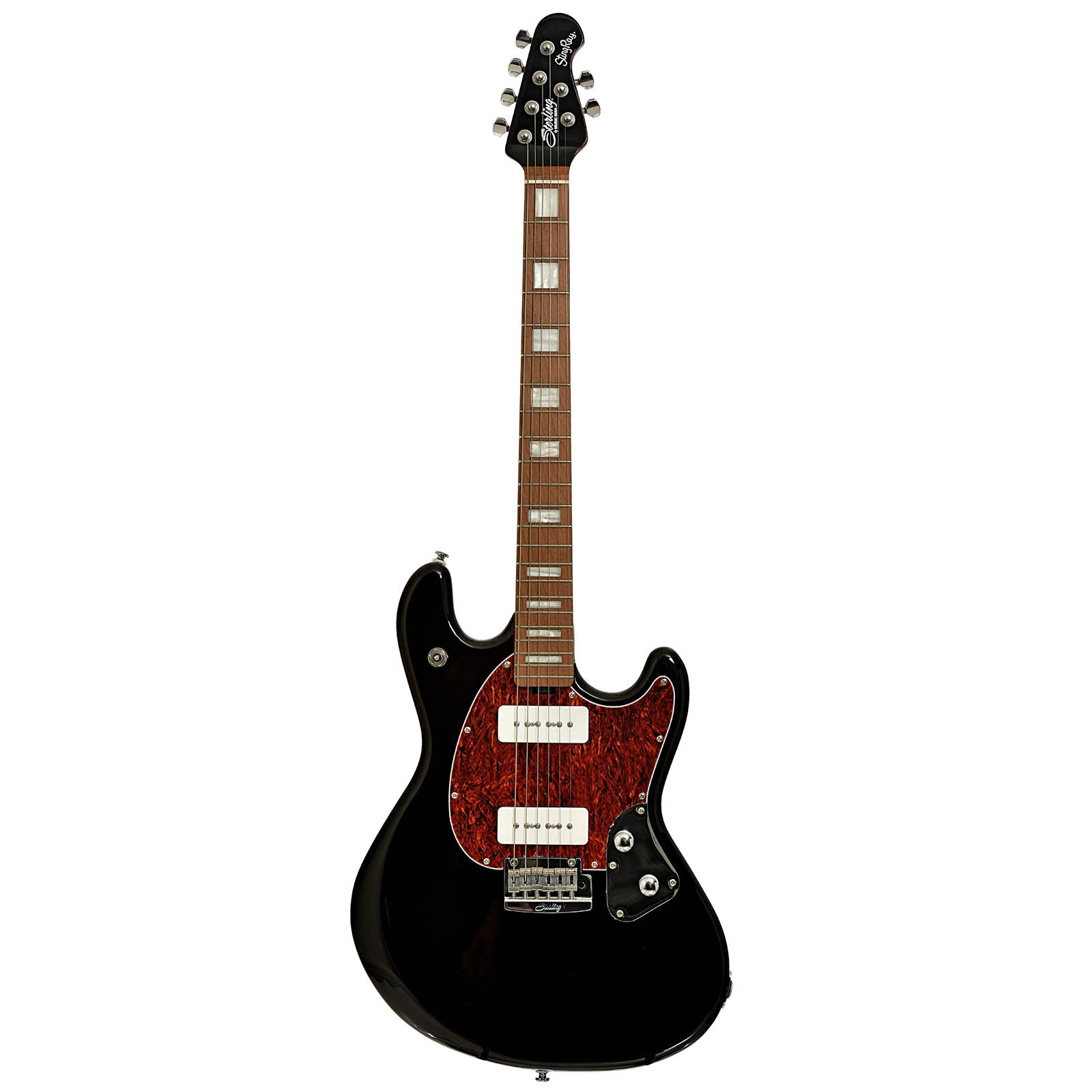 Full front of Sterling by Music Man StingRay Plus Electric Guitar, Black
