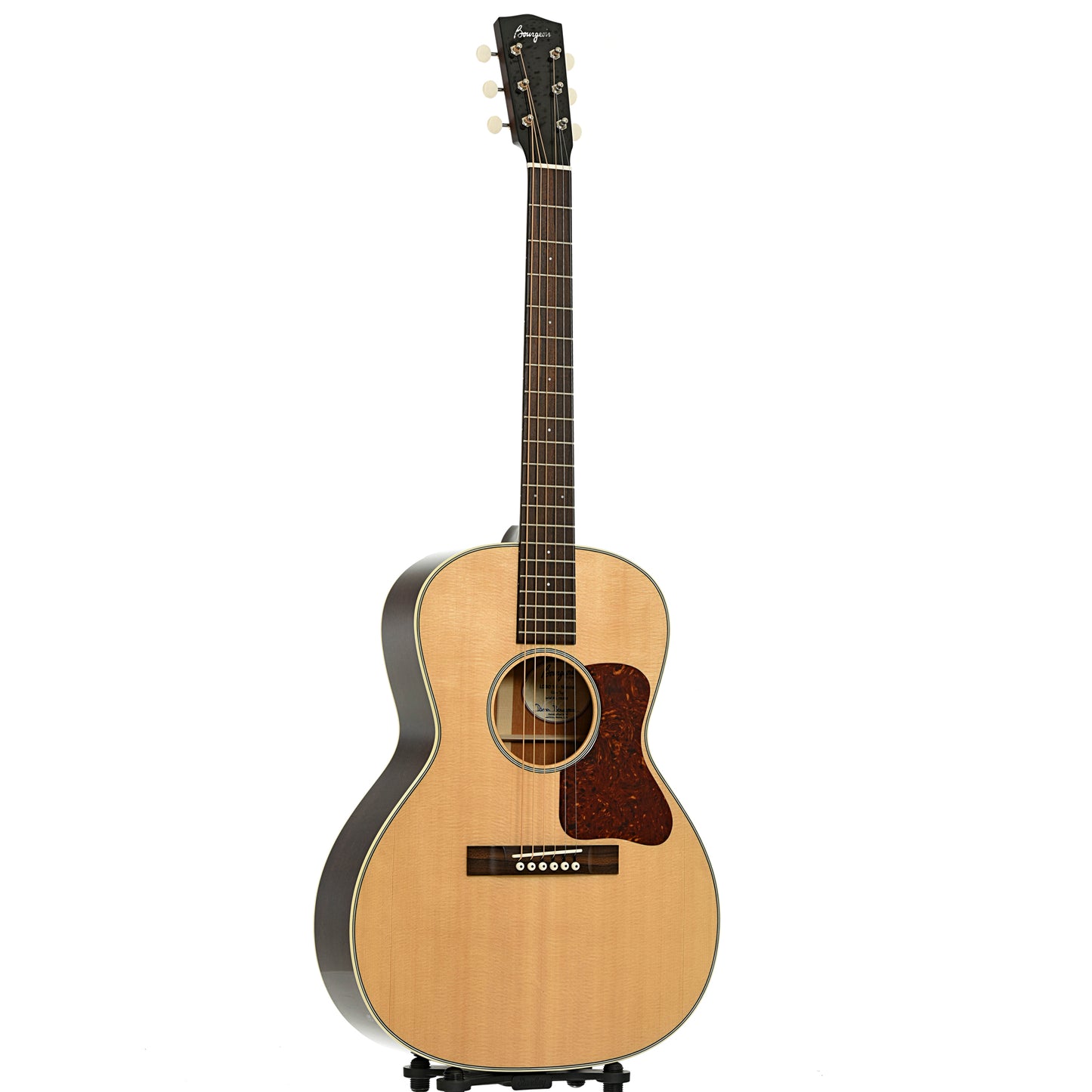 Full front and side of Bourgeois Professional Series Natural LDB-O Acoustic Guitar and Case, 14 Fret