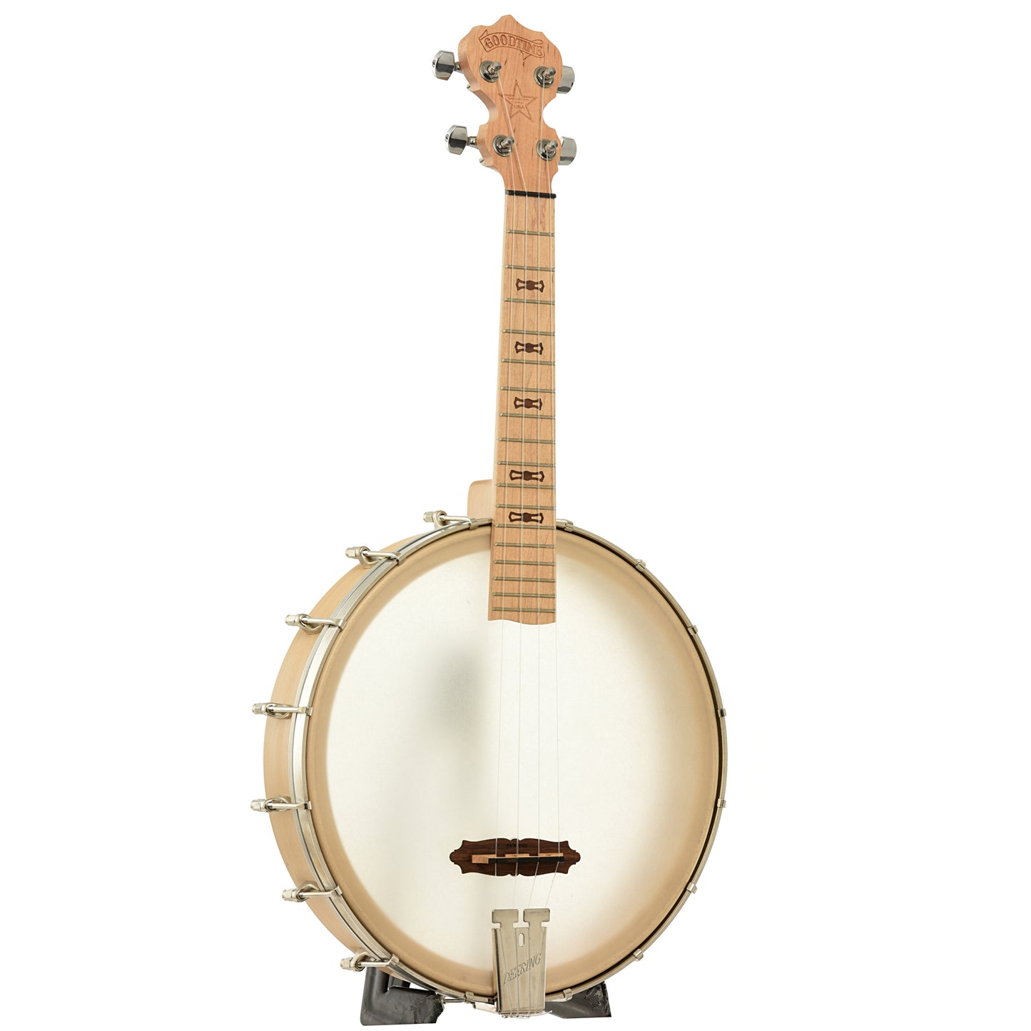 Full front and side of Deering Goodtime Tenor Banjo Ukulele 