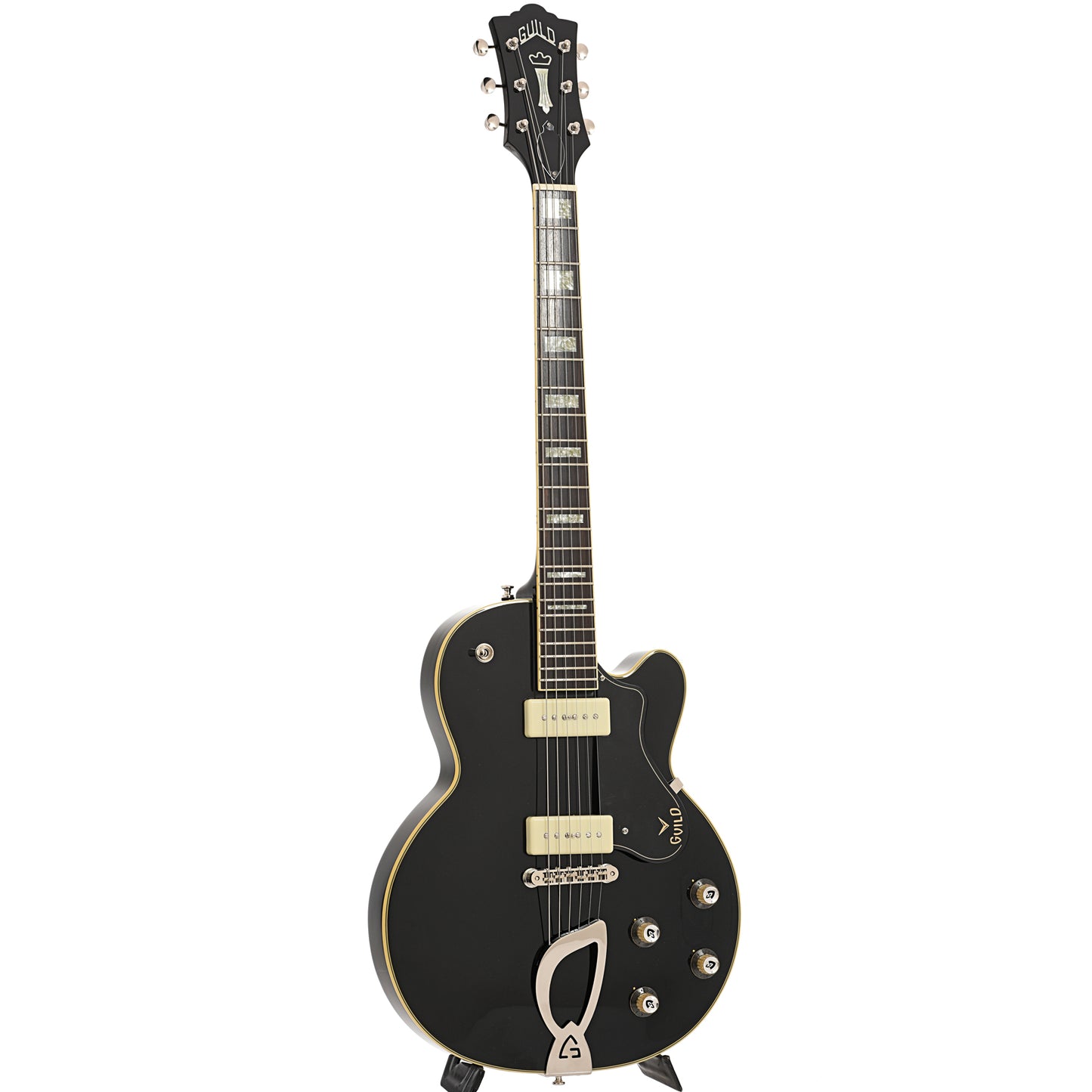 Full front and side of Guild Newark St. Collection M-75 Aristocrat Hollow Body Archtop Guitar, Limited Edition Black Finish