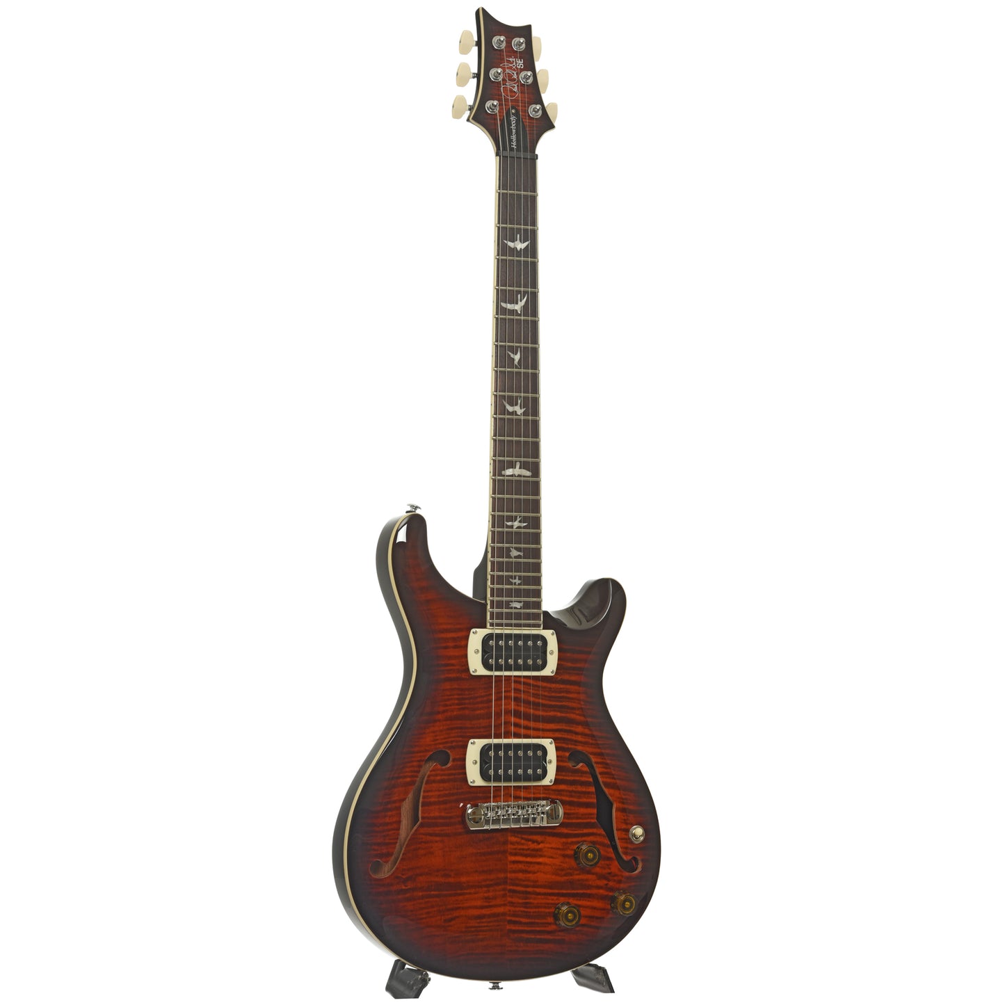 Full front and side of PRS SE Hollowbody I Piezo Electric Guitar, Orange Tiger Smokeburst