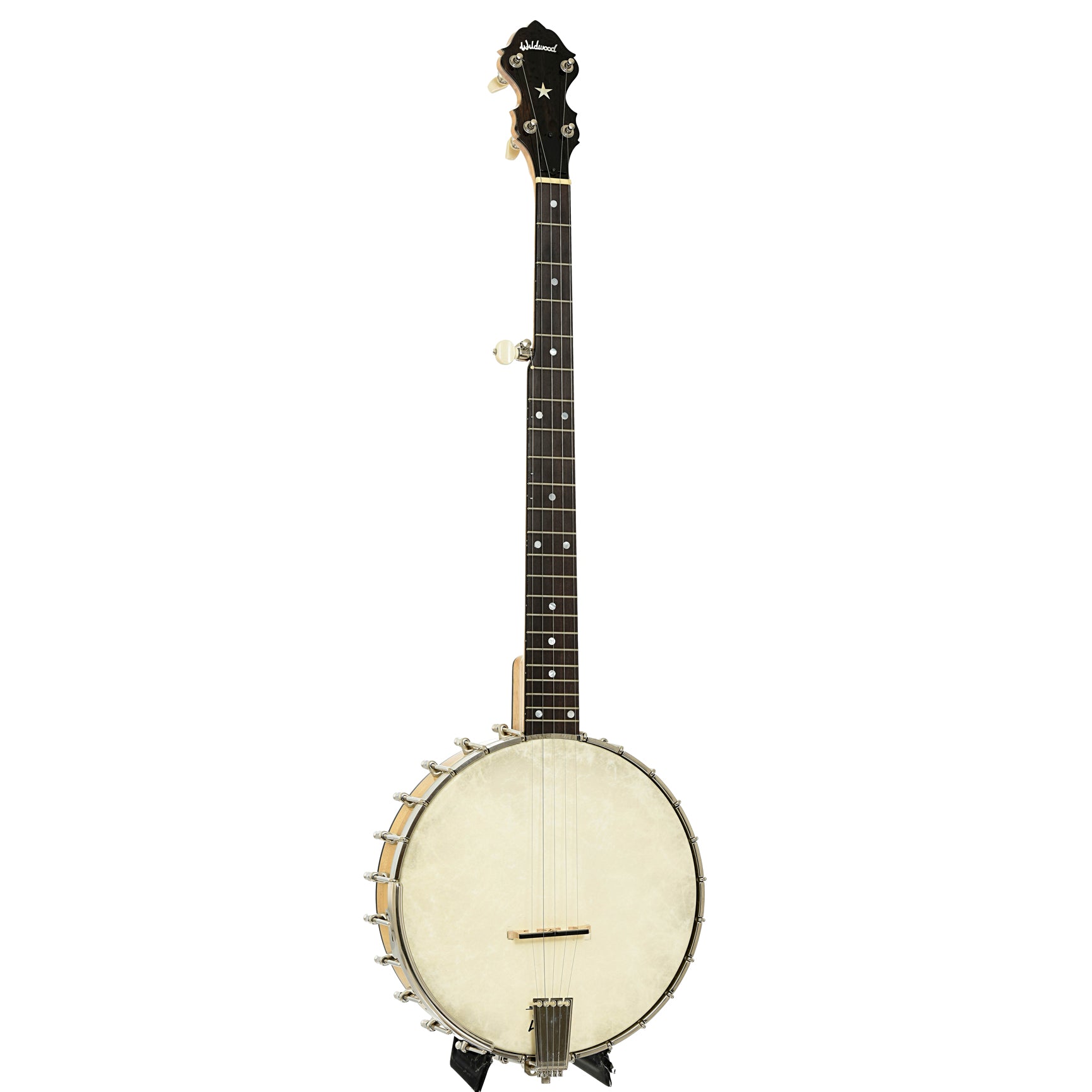Full front and side of Wildwood Minstrel Open Back Banjo