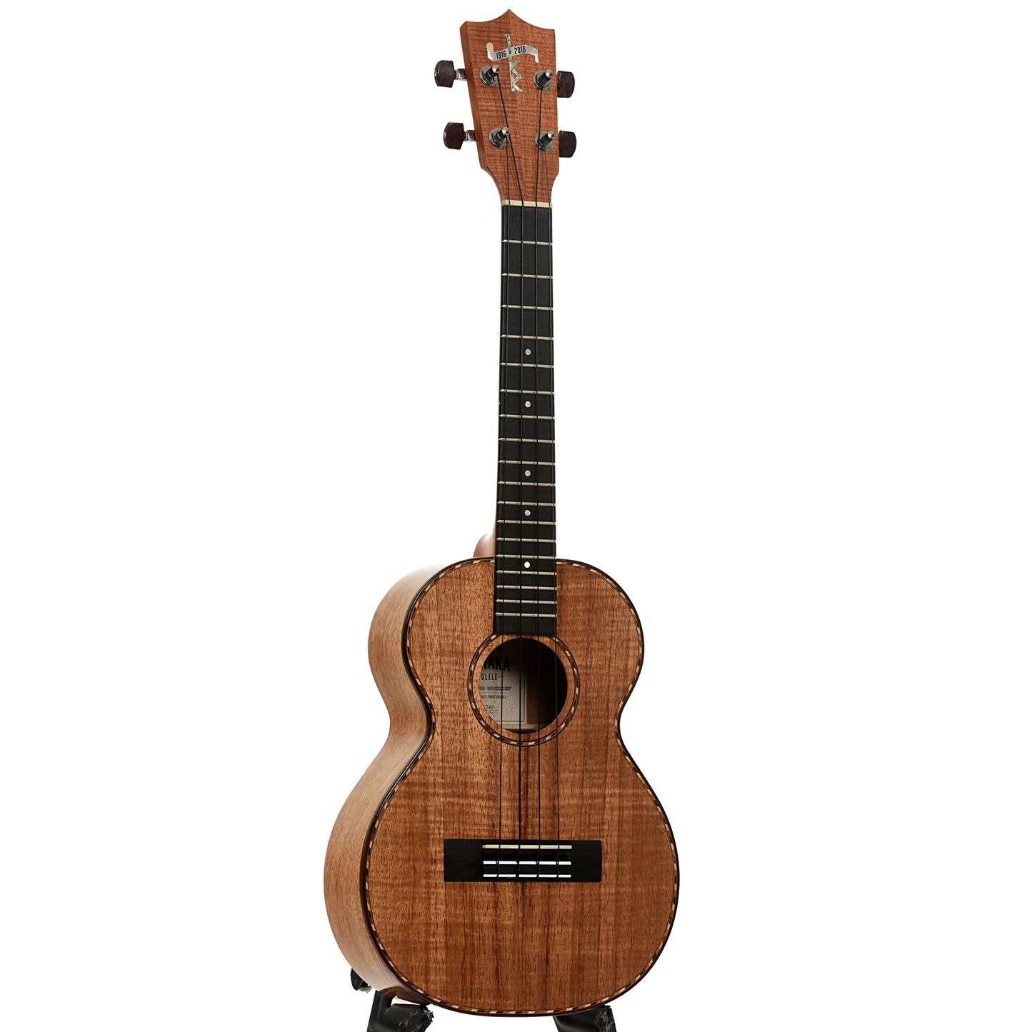 Full full front and side of Kamaka 100th Anniversary HF-3D Deluxe Tenor Ukulele with Case