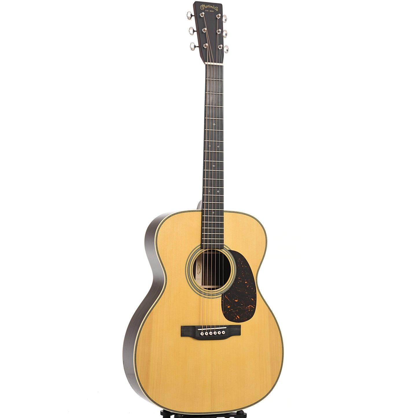 Full front and side of Martin Custom Herringbone 28-Style 000 Guitar & Case, Thinner Adirondack Top