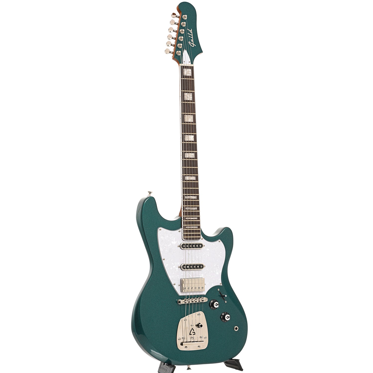Full front and side of Guild Surfliner Deluxe Electric Guitar, Evergreen Metallic
