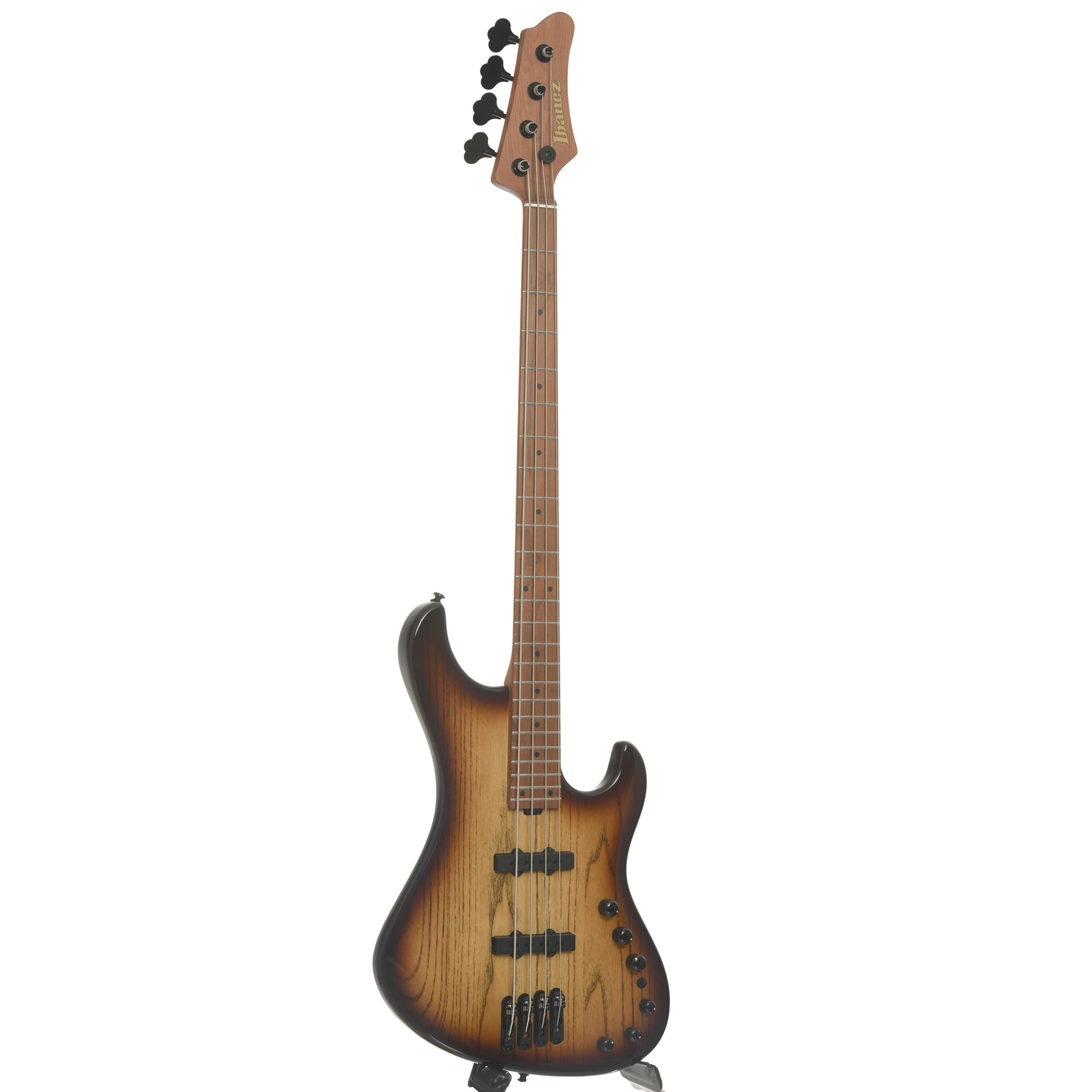 Full front and side of Ibanez Mode MDM1300 Electric Bass, Natural Stained Amber Burst