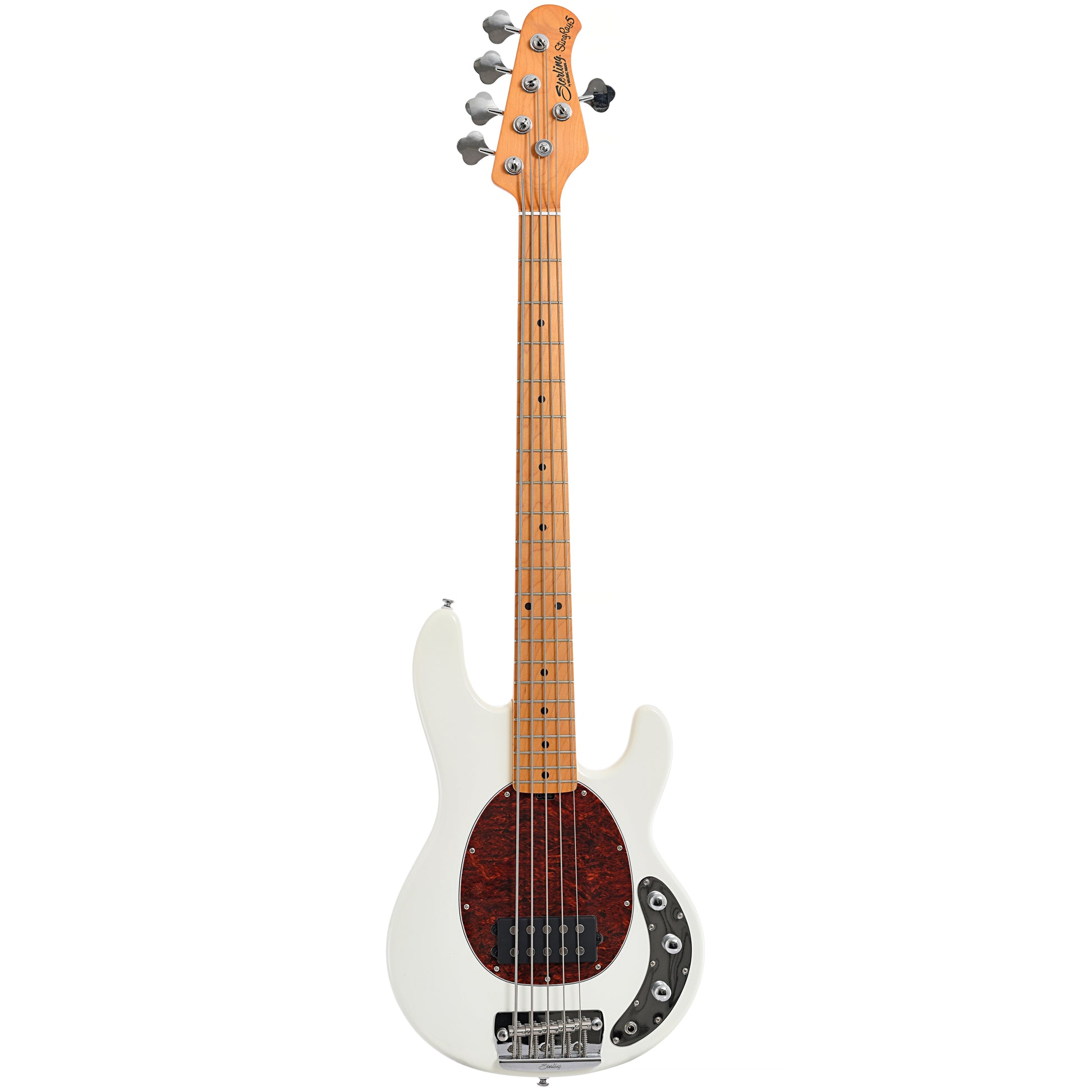 Full front of Sterling by Music Man RAY25CA 5-String Bass, Olympic White