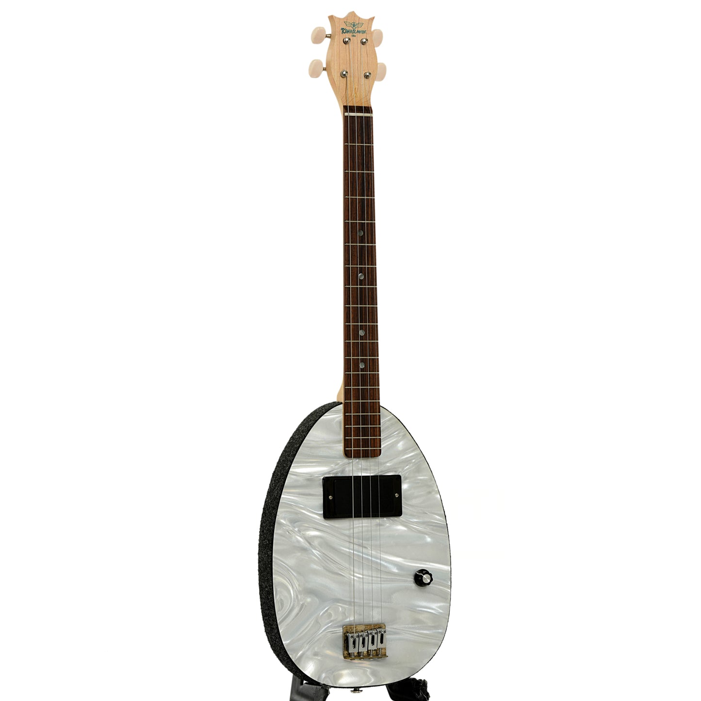 Full front and side of Blue Star Konablaster Electric Baritone Ukulele