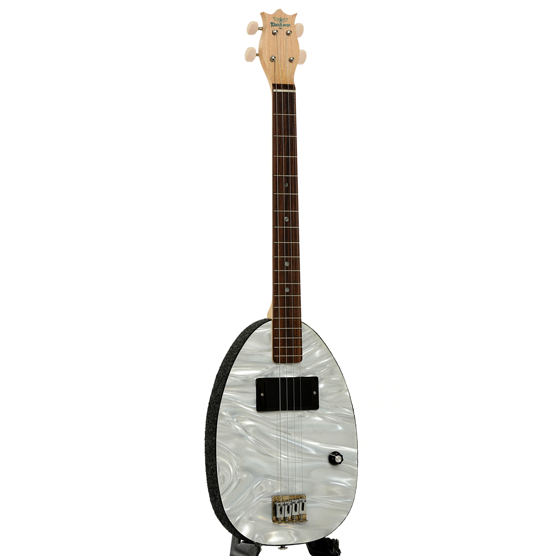 Full front and side of Blue Star Konablaster Electric Baritone Ukulele