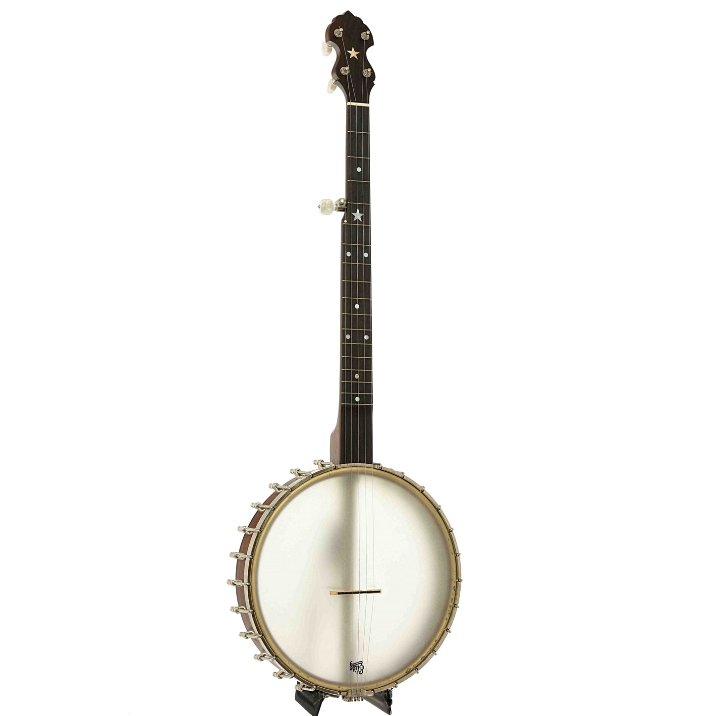 Full front and side of Bart Reiter Round Peak Open Back Banjo