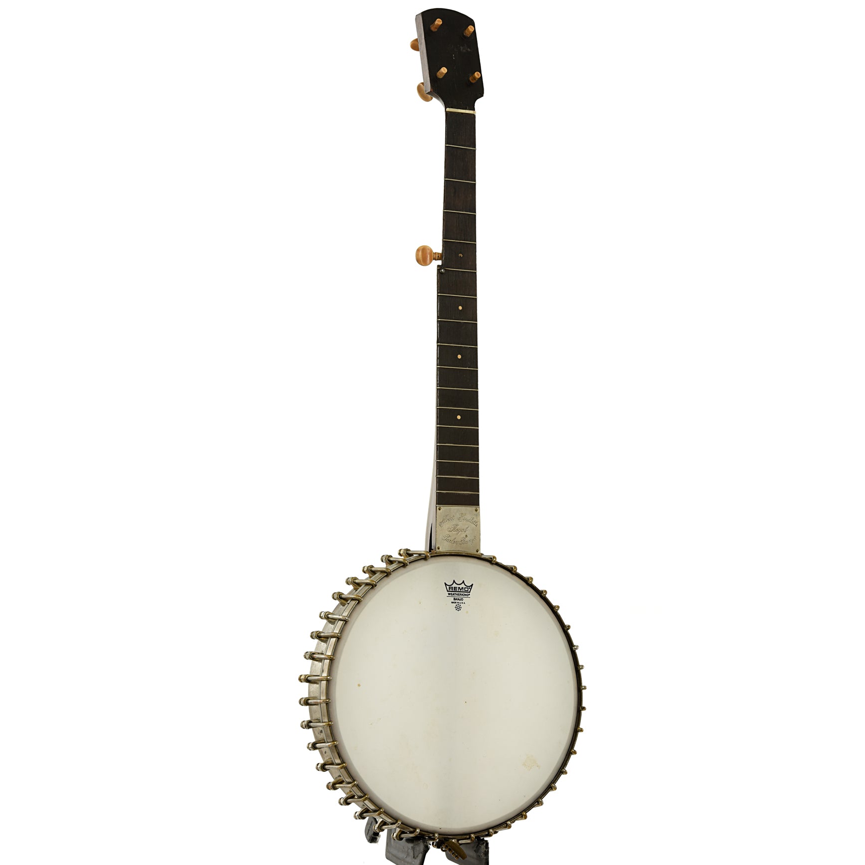 Full front and side of Albert Houdlett & Sons “Royal Parlor Banjo” Openback Banjo