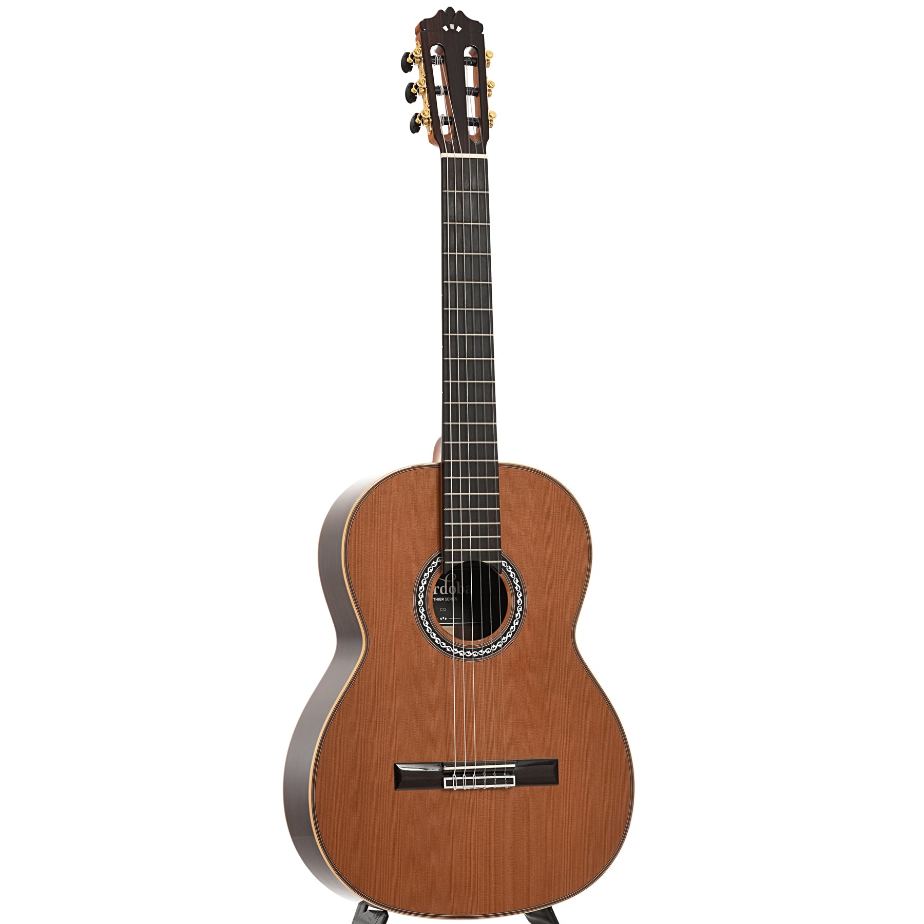 Full front and side of Cordoba C12 CD Classical Guitar and Case, Cedar Top