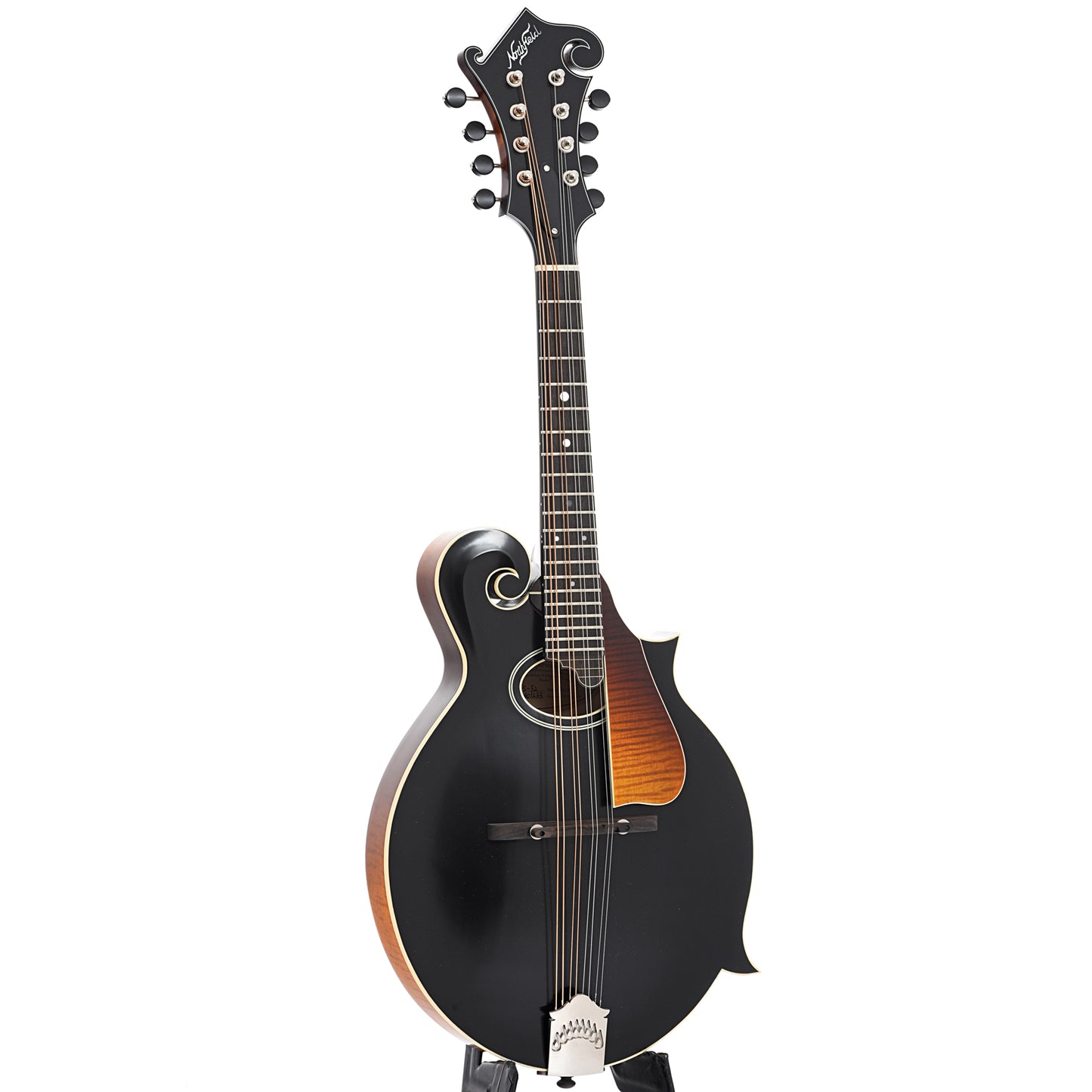 Full front and side of Northfield Workshop  S-Series NFS-F2B Mandolin, Blacktop Oval Soundhole,
