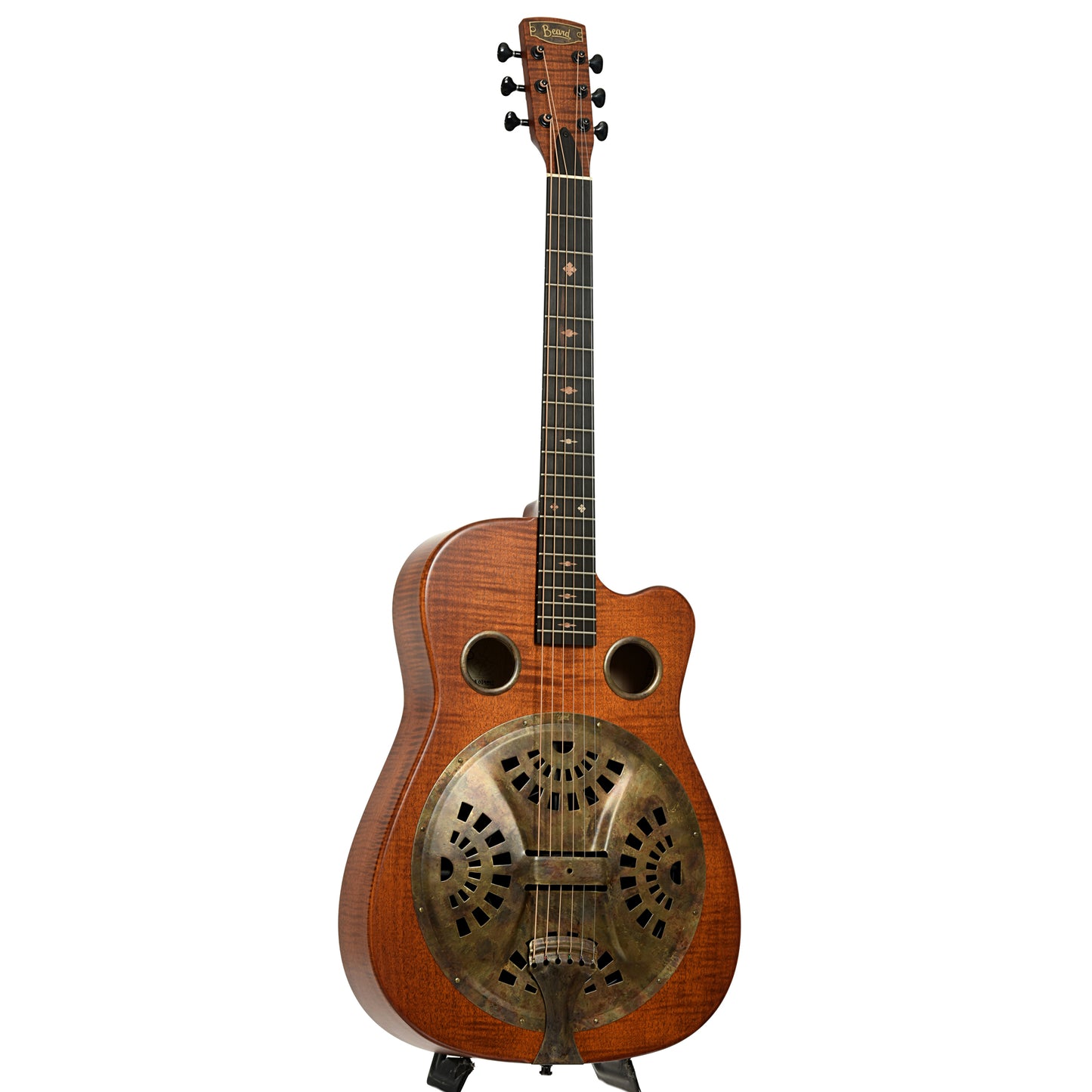 Full front and side of Beard Trailhead Roundneck Resonator Guitar Tobacco Finish