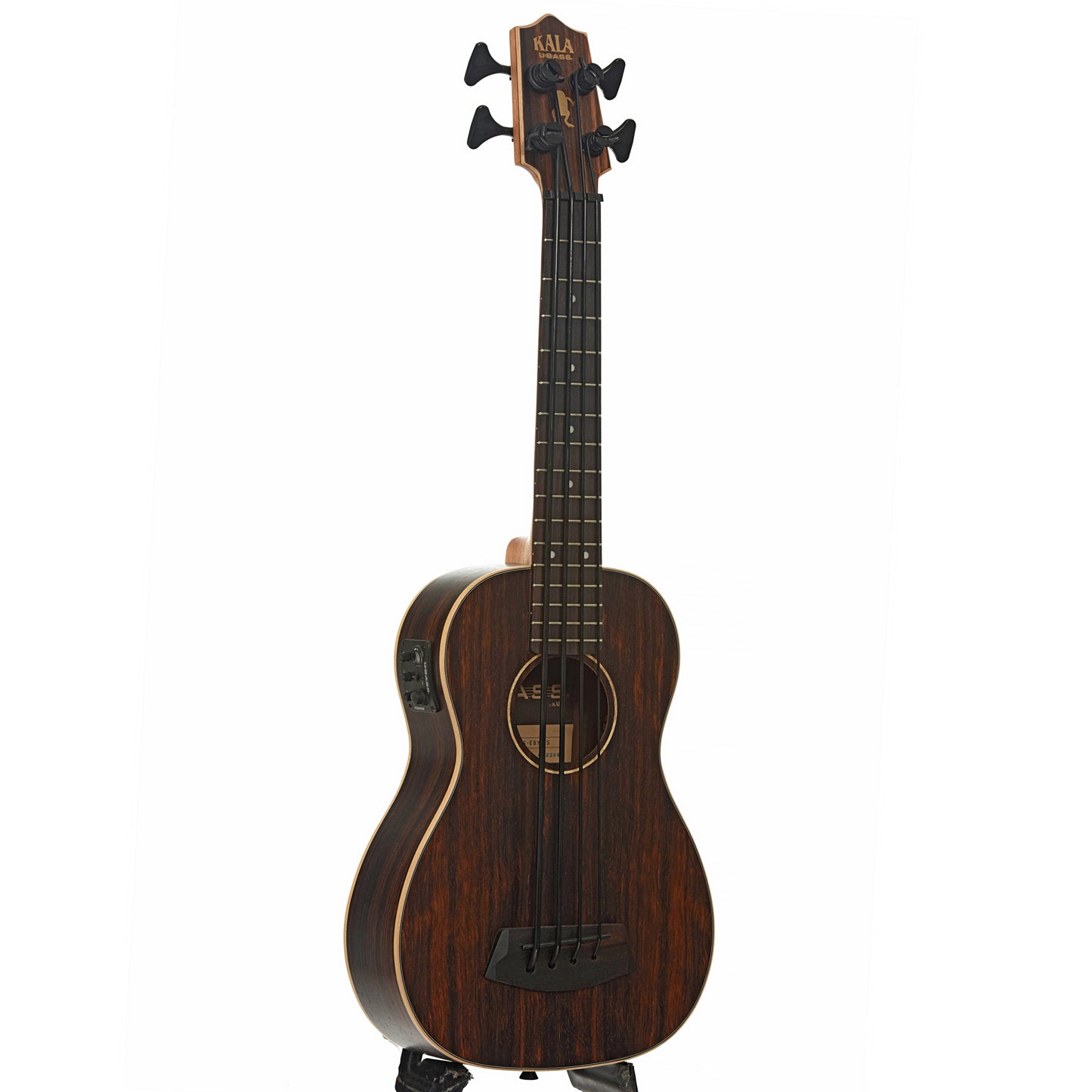 Full front and side of Kala U-Bass-EBY-FS 6Q  Striped Ebony Acoustic Bass 