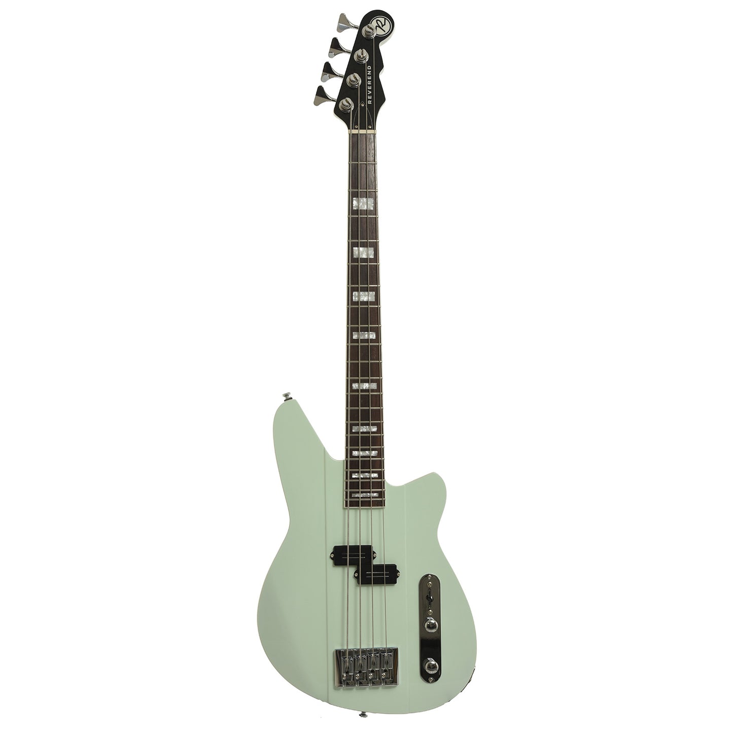 Full front of Reverend Sentinel Short Scale Electric Bass Guitar, Iconic Blue