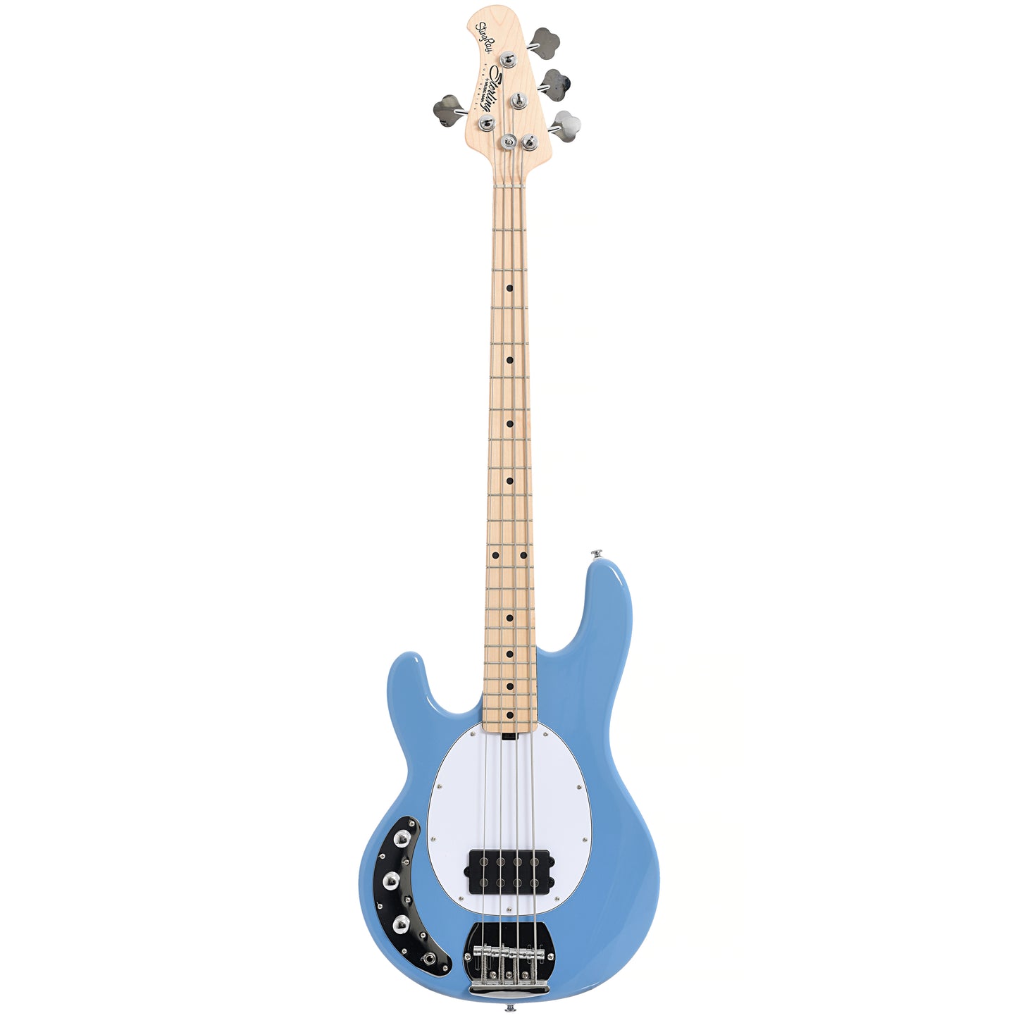 Full front of Sterling by Music Man RAY4LH Left Handed 4-String Bass, Chopper Blue