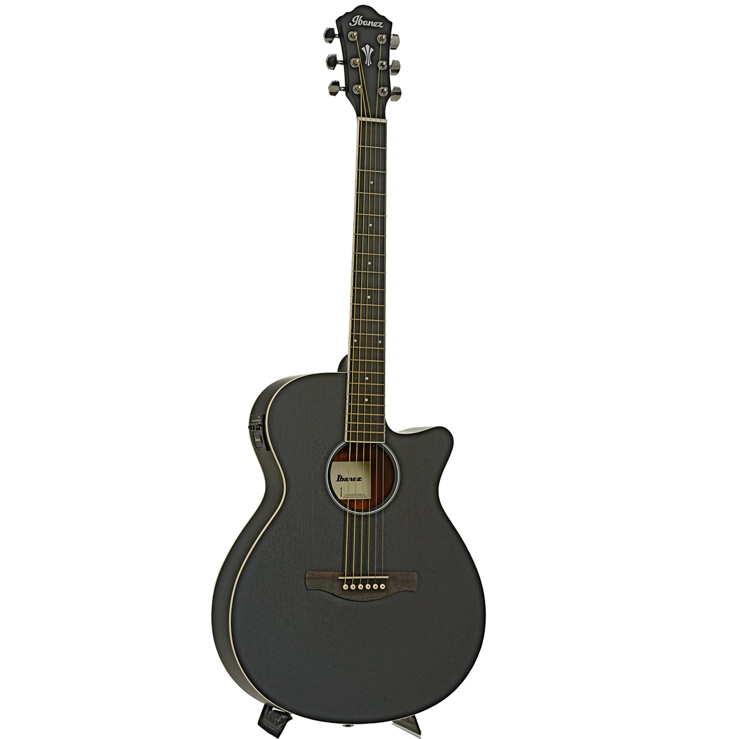 Full front and side of Ibanez AEG7MH Grand Concert Acoustic Guitar, Weathered Black Open Pore