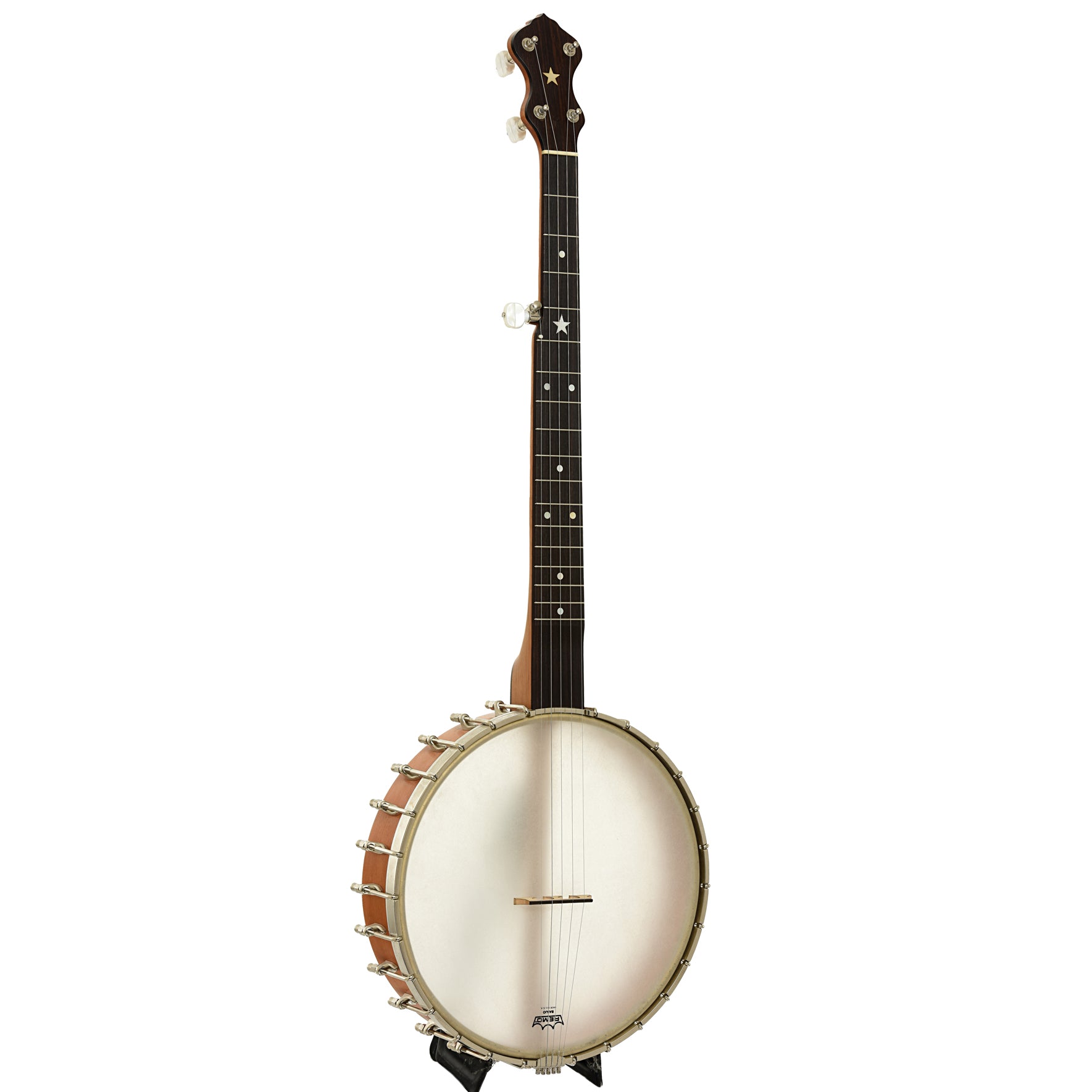 Full front and side of Mike Ramsey Chanterelle Cherry Special 12" Open Back Banjo 