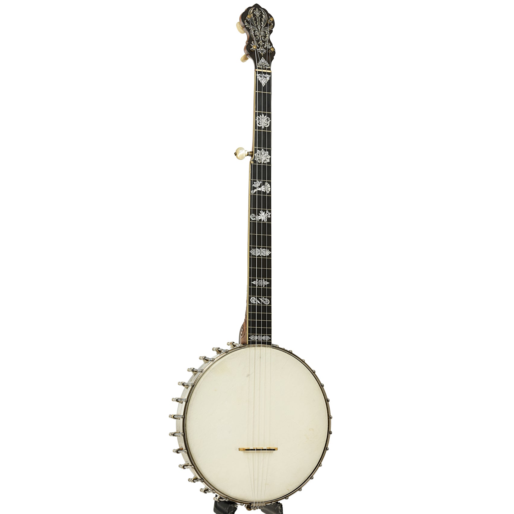 Full front and side of Fairbanks Whyte Laydie No.7 Open Back Banjo