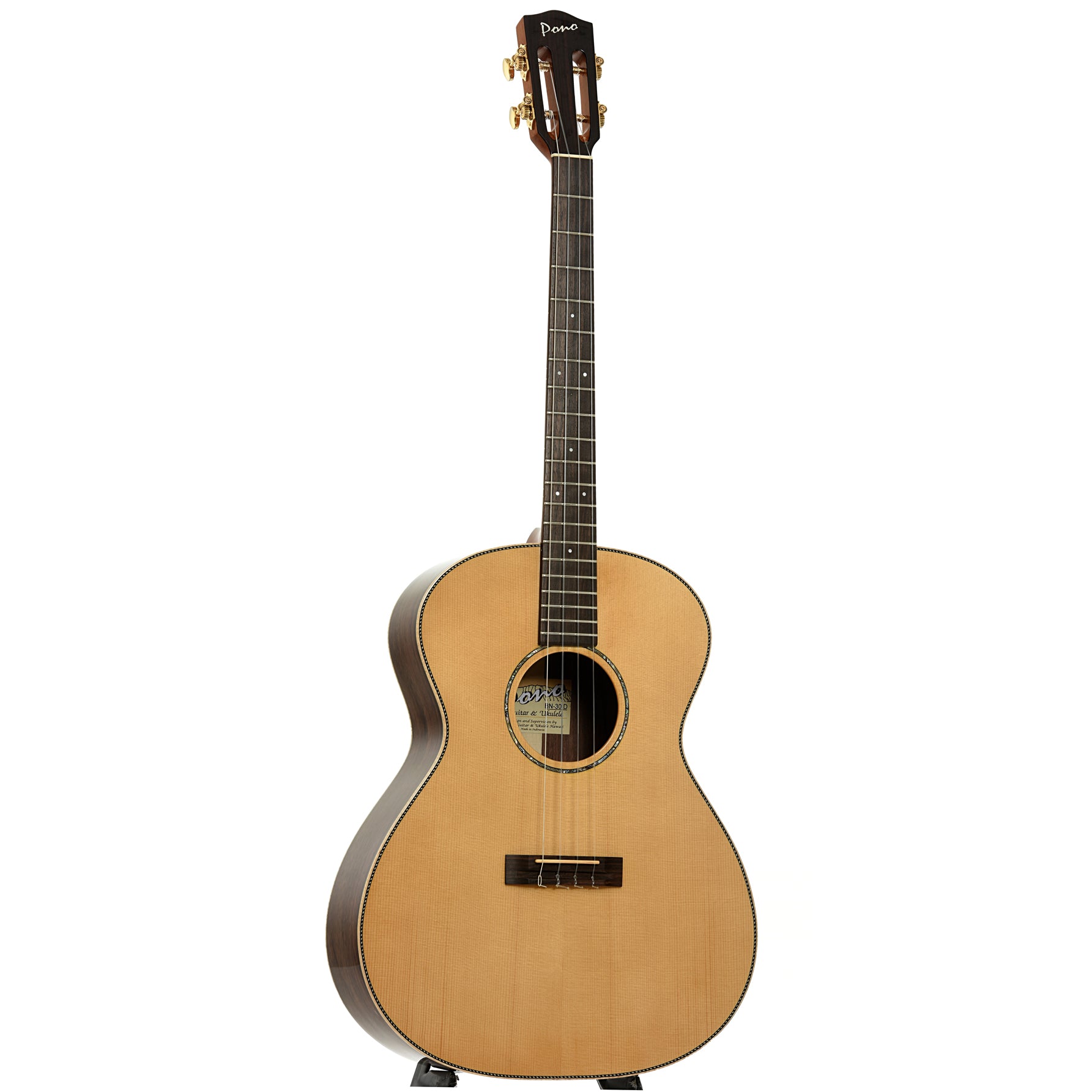 Full front and side of Pono BN-30D Baritone Nui Guitar Ukulele