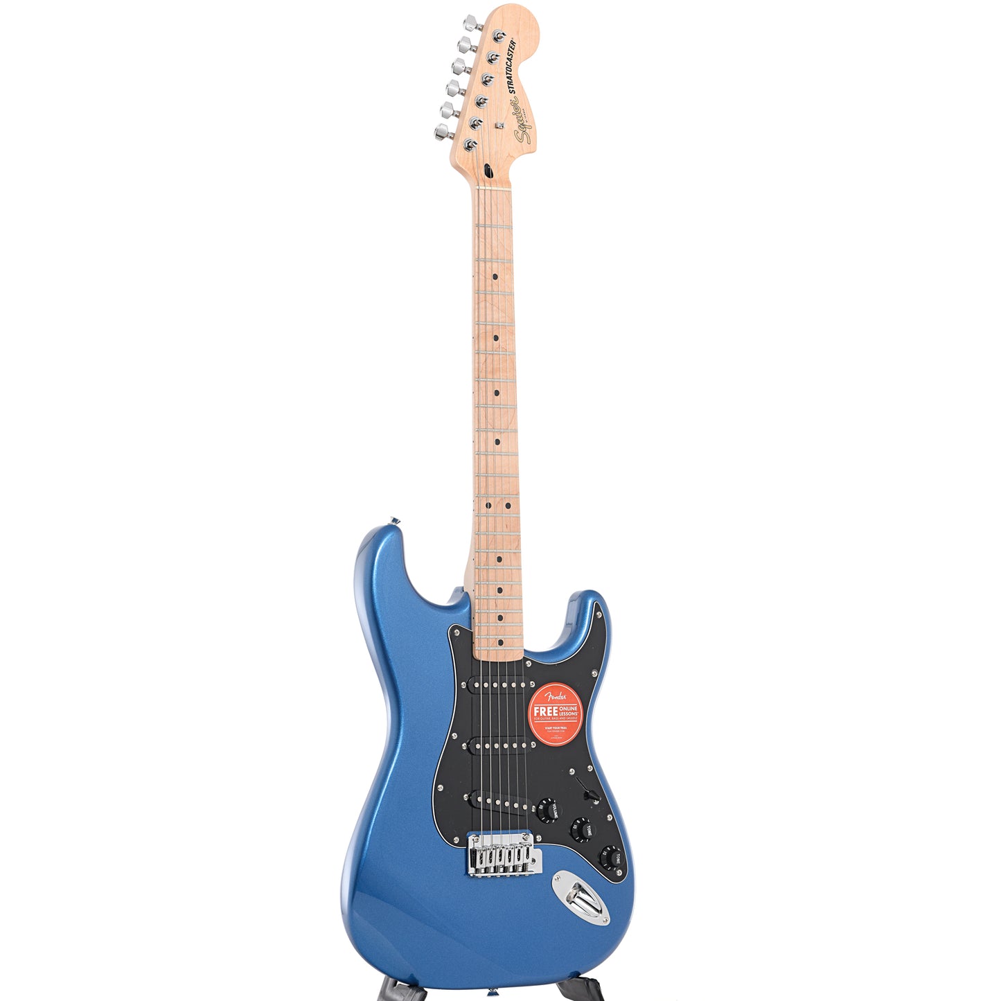 Full Front and side of Squier Affinity Series Stratocaster, Lake Placid Blue
