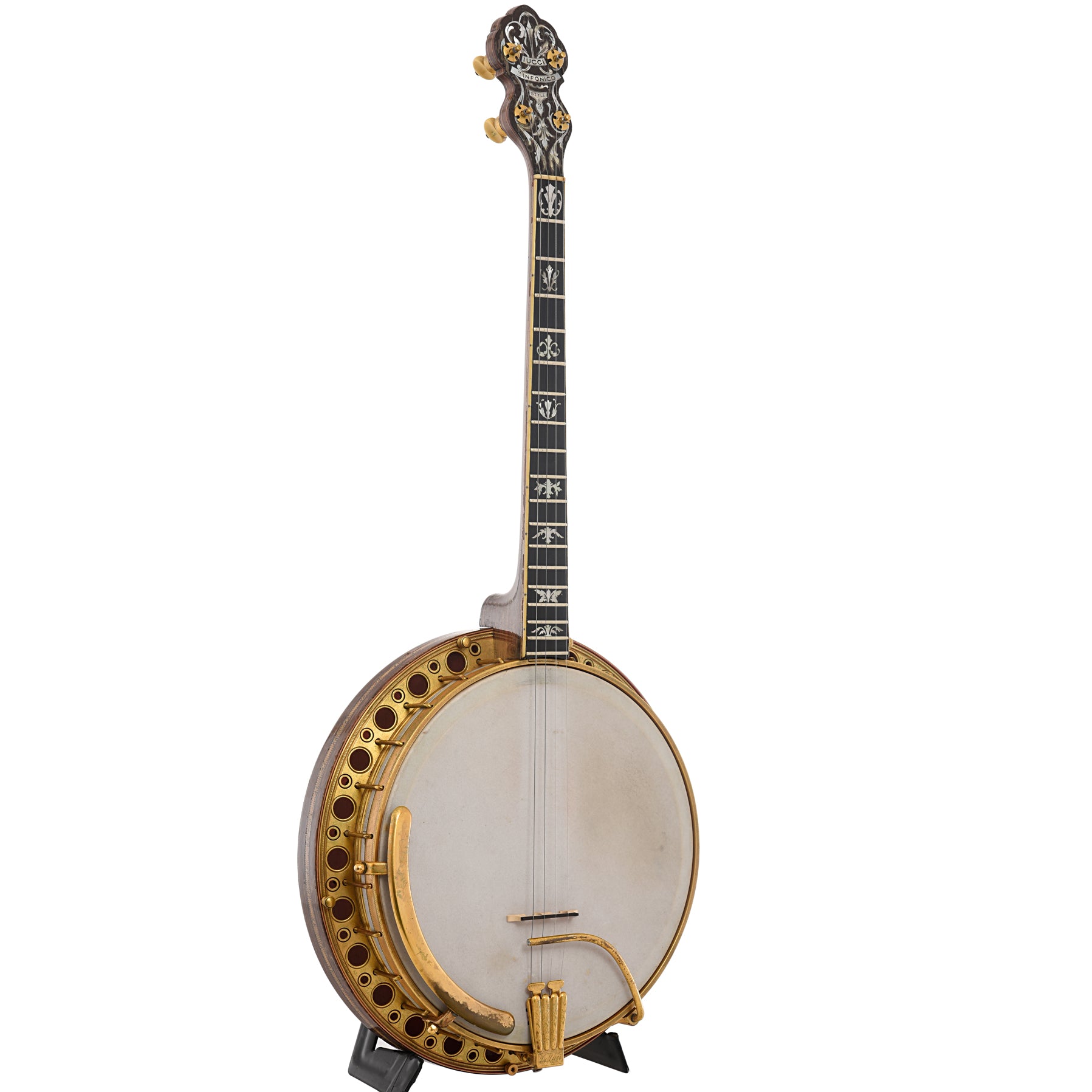 Full front and side of Iucci Sinfonico Style 3 Tenor Banjo