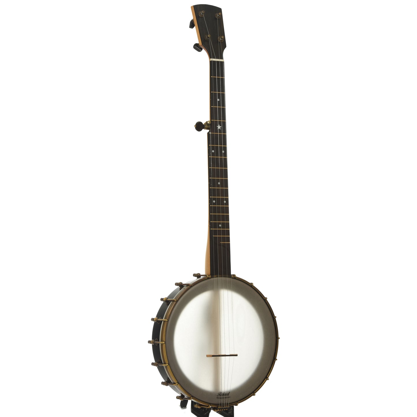 Full front and side of Rickard Maple Ridge 11 in. Openback Banjo