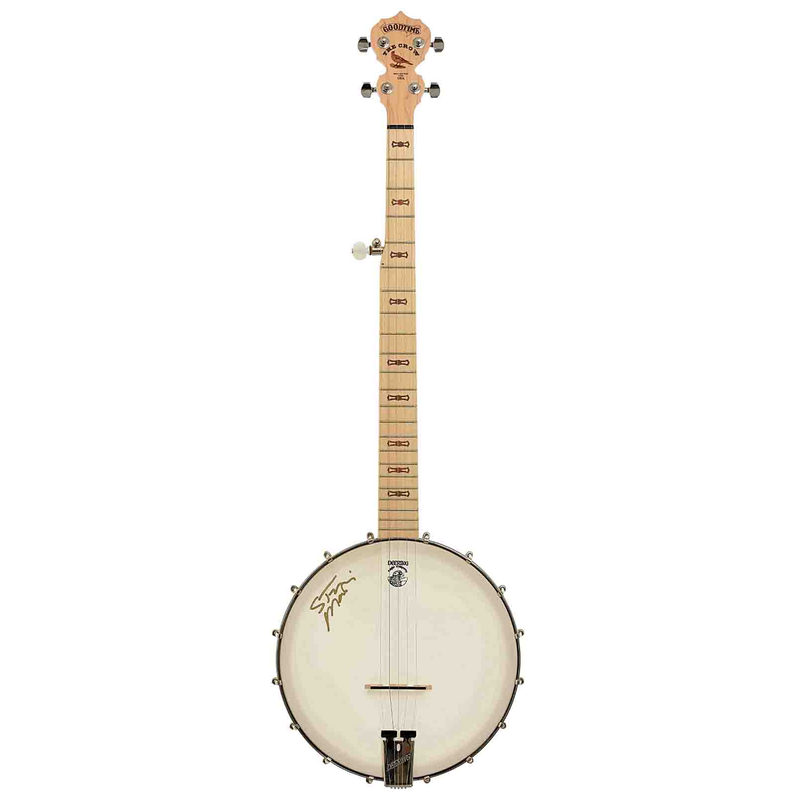 Full front of Deering "The Crow" Open Back Banjo