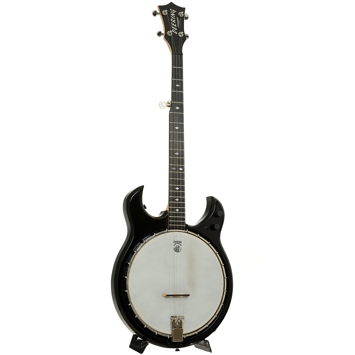 Full front and side of Deering Crossfire Electric Banjo